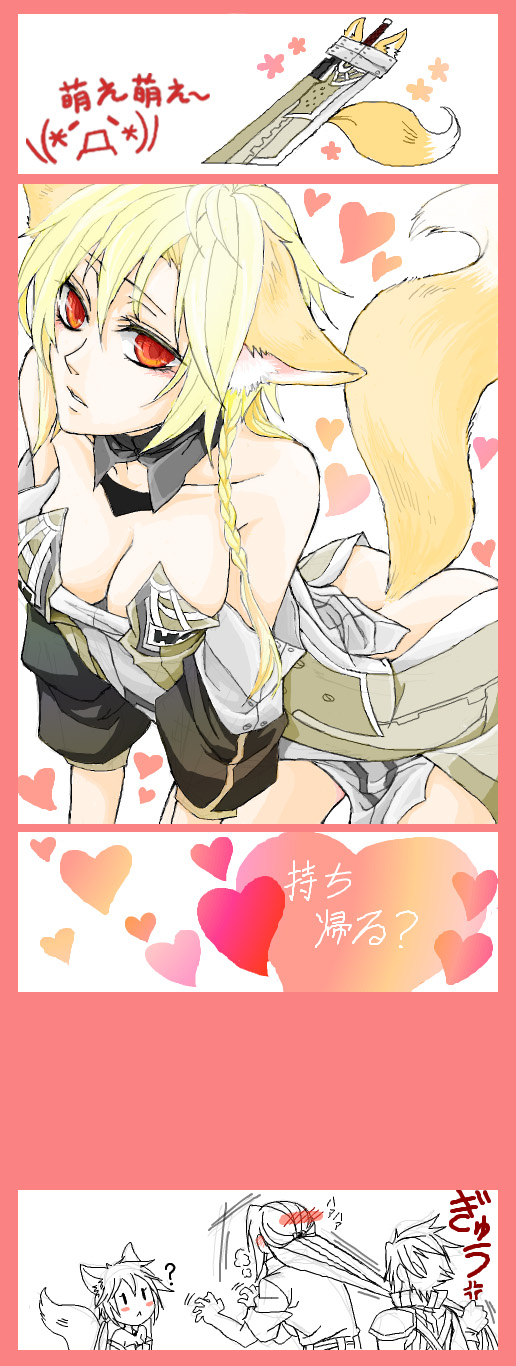 shinzui (fantasysky7), cloud strife, sephiroth, final fantasy, final fantasy vii, highres, 1990s (style), 1girl, 2boys, animal ears, bare shoulders, blonde hair, breasts, buster sword, cleavage, comic, fox ears, fox tail, long hair, multiple boys, partially colored, personification, red eyes, sword, tail, weapon