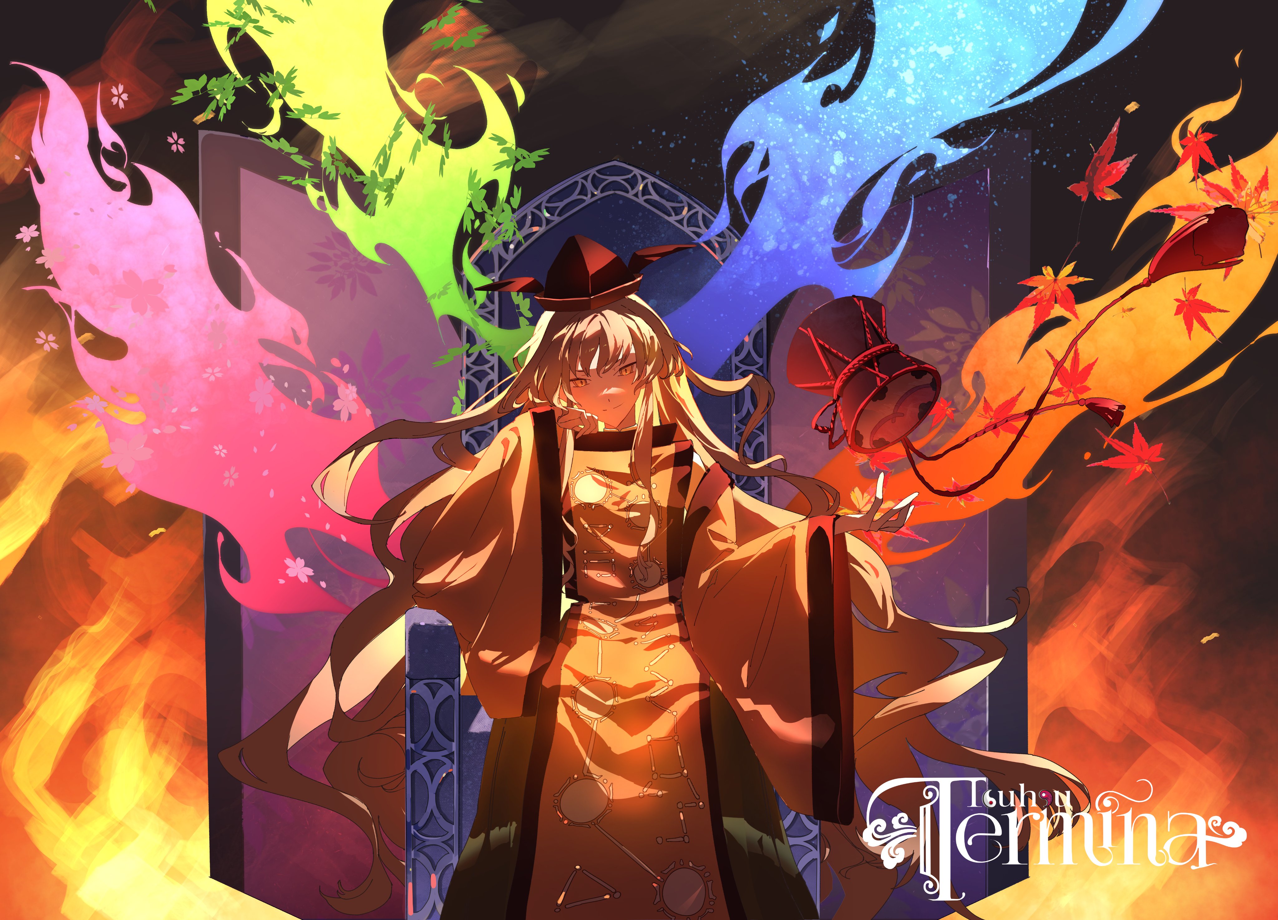 noriko 222, matara okina, touhou, absurdres, commentary request, highres, 1girl, album cover, album name, autumn, black hat, blonde hair, cherry blossoms, constellation print, cover, detached sleeves, drum, energy, green skirt, hat, instrument, long hair, long sleeves, looking at viewer, orange sleeves, orange tabard, sitting, skirt, smile, solo, spring (season), summer, sun print, tabard, tsuzumi, very long hair, wide sleeves, winter, yellow eyes