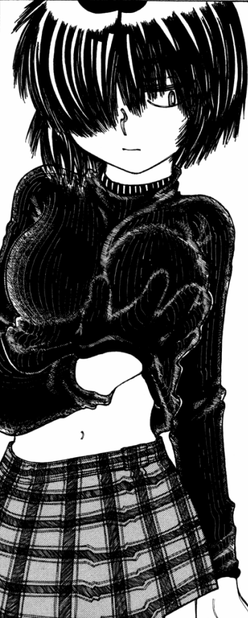 ueshiba riichi, urabe mikoto, nazo no kanojo x, plaid, 1girl, bob cut, breasts, breasts squeezed together, female focus, grabbing own breast, greyscale, hair over one eye, hand under clothes, large breasts, monochrome, navel, short hair, skirt, solo, sweater