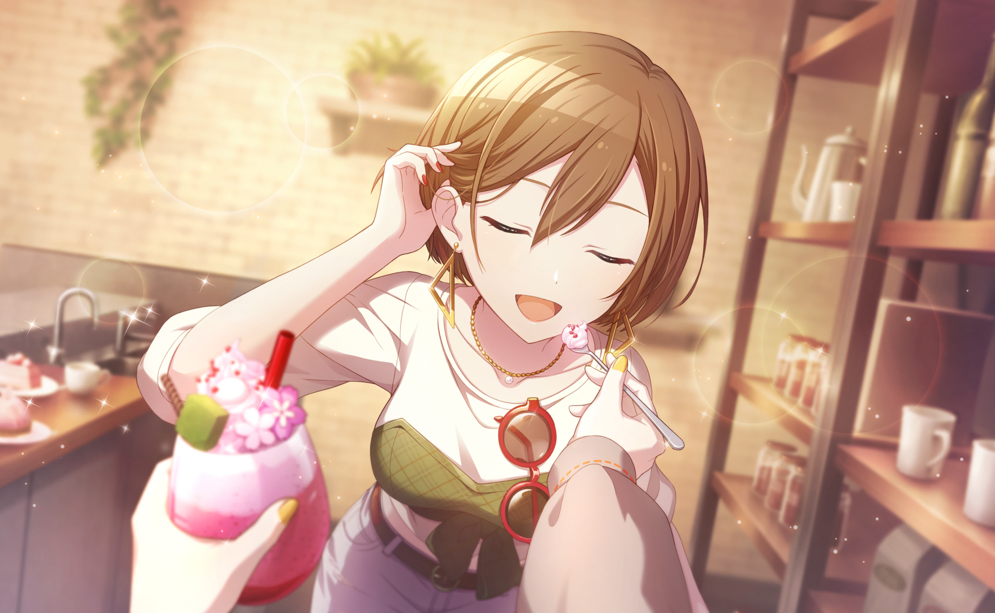 colorful palette, kagamine rin, meiko (vocaloid), vivid bad squad meiko, vivid bad squad rin, project sekai, vocaloid, game cg, highres, official art, third-party source, 2girls, :d, blue pants, blurry, blurry background, bokeh, brown hair, closed eyes, cup, depth of field, drinking straw, earrings, feeding, fingernails, grey shirt, hair between eyes, holding, holding cup, holding spoon, jewelry, multiple girls, nail polish, necklace, open mouth, pants, plant, potted plant, red-framed eyewear, sekai no sakura tsunagaru omoi (project sekai), shelf, shirt, short hair, sink, smile, sparkle, spoon, sunglasses, tongue, triangle earrings, u u, unworn eyewear, white shirt, yellow nails