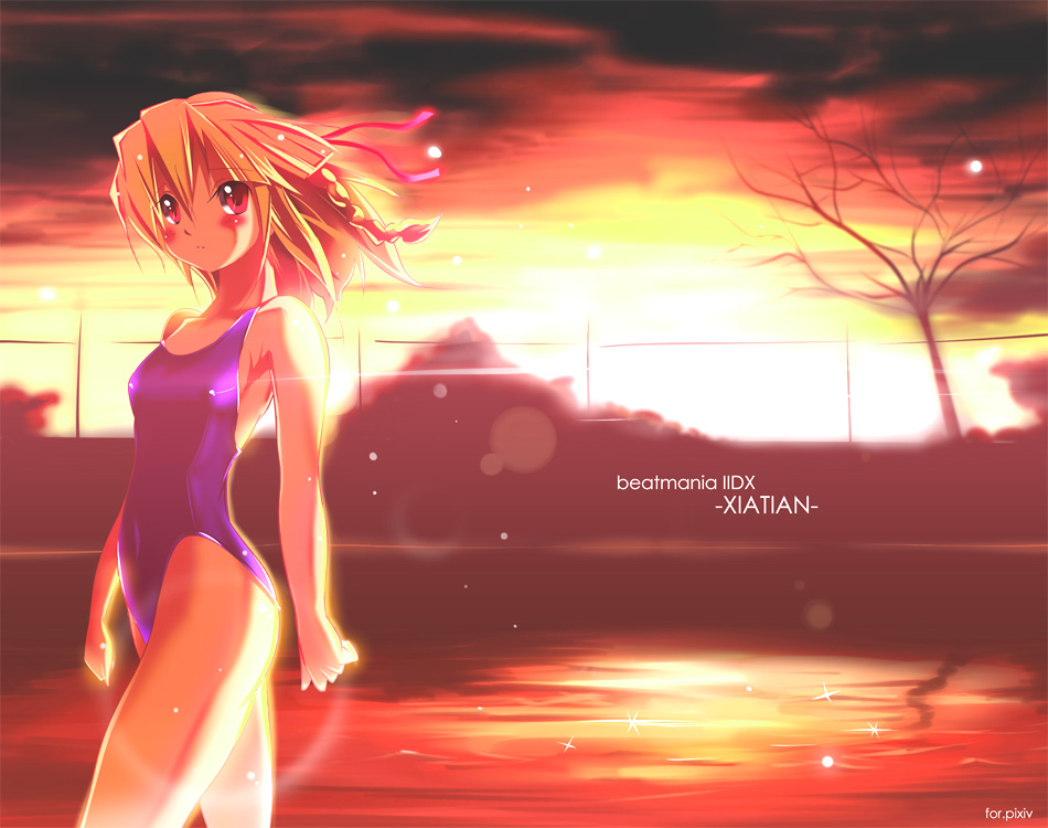 sys.ao, beatmania iidx, bemani, original, bad id, bad pixiv id, blonde hair, one-piece swimsuit, red eyes, solo, sunset, swimsuit