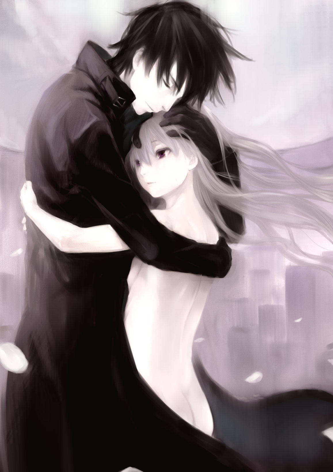 bunnymenjdno, kawakami rokkaku, hei (darker than black), yin (darker than black), darker than black, bad id, bad pixiv id, highres, 1boy, 1girl, black hair, closed eyes, clothed male nude female, comforting, couple, grey hair, hair down, hand on another's head, hetero, hug, long hair, nude, pale color, purple eyes, tears