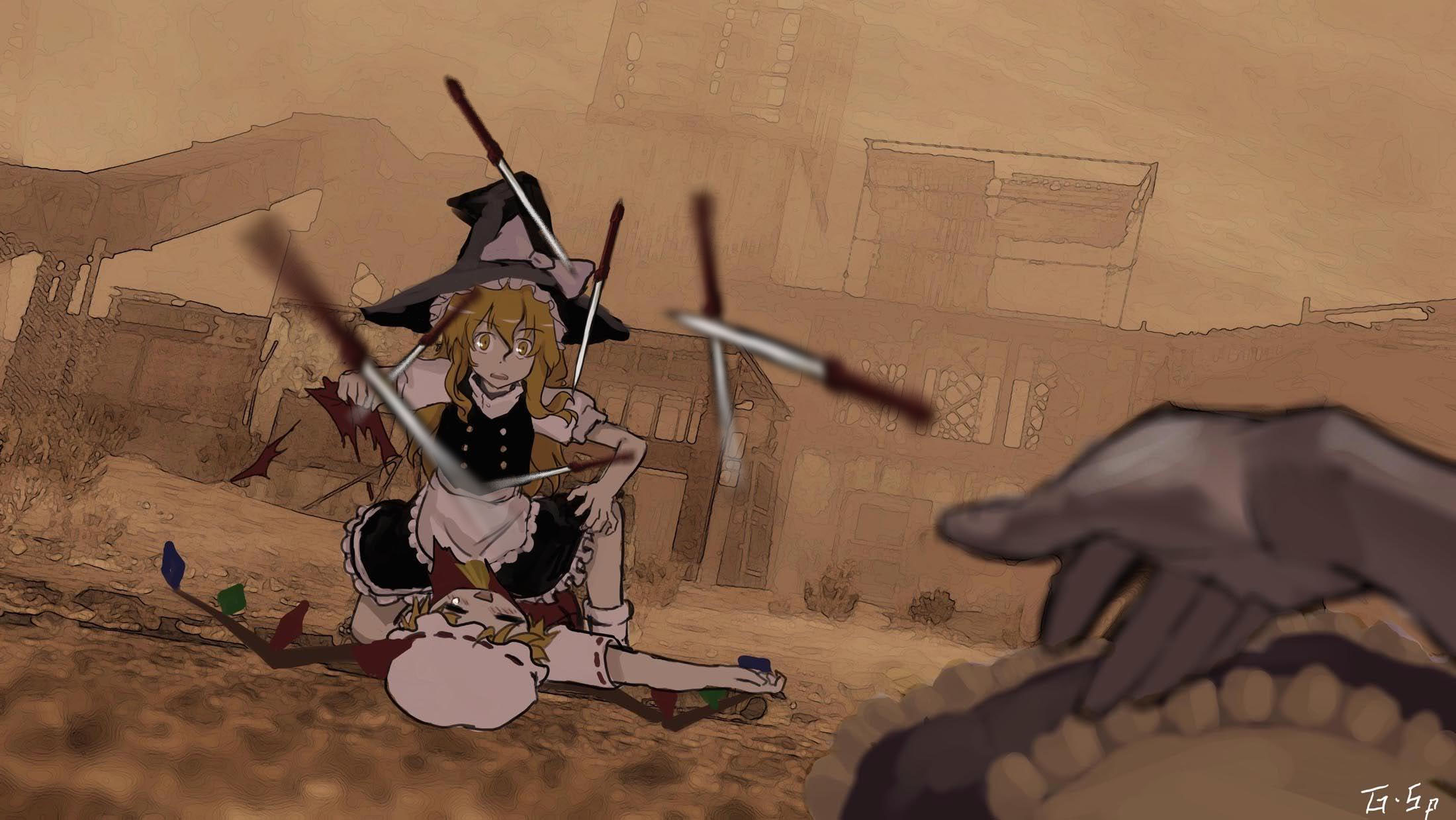 as109, flandre scarlet, izayoi sakuya, kirisame marisa, call of duty, call of duty: modern warfare 2, touhou, highres, non-web source, spoilers, third-party edit, 2girls, blonde hair, blurry, blush, bow, closed eyes, crossover, depth of field, dutch angle, hat, knife, long hair, multiple girls, parody, pov, signature, straddling, tears, throwing knife, torn clothes, weapon, wings, witch, witch hat, yellow eyes