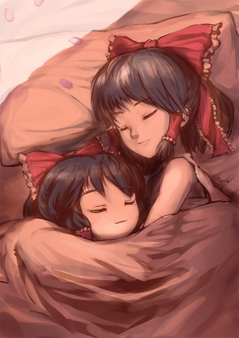 charimei, hakurei reimu, touhou, 1girl, black hair, blanket, bow, cherry blossoms, closed eyes, female focus, hair bow, hair tubes, petals, pillow, sleeping, yukkuri shiteitte ne