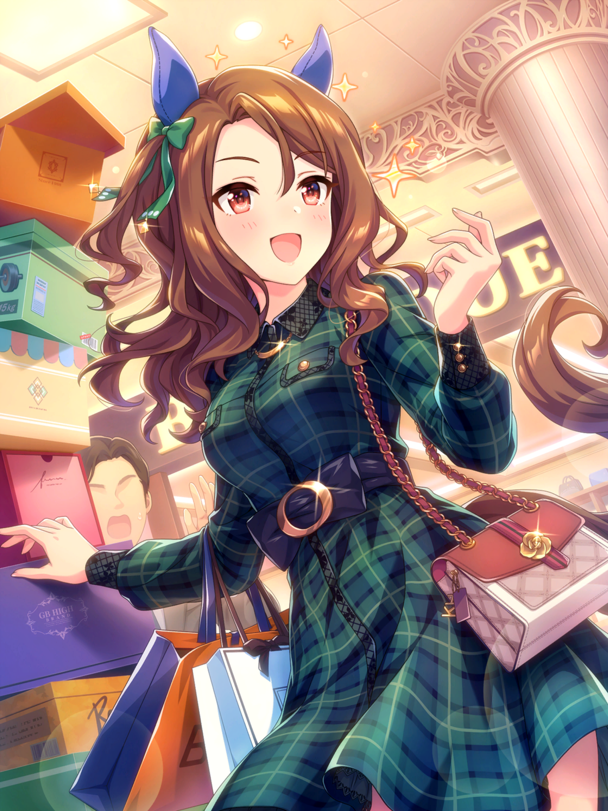 king halo (umamusume), trainer (umamusume), umamusume, absurdres, game cg, highres, official art, 1boy, 1girl, animal ears, bag, blush, bow, box, breasts, brown hair, closed eyes, dress, ear bow, ear covers, ear ribbon, green bow, green dress, handbag, holding, holding box, horse ears, horse girl, horse tail, king halo (shopping for me) (umamusume), large breasts, long hair, long sleeves, official alternate costume, open mouth, red eyes, shopping, shopping bag, smile, solo focus, sparkle, tail