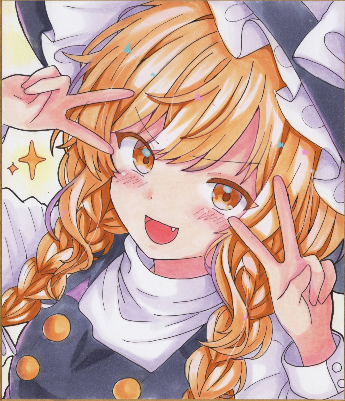 kirisame marisa, touhou, commentary request, highres, traditional media, 1girl, alternate hairstyle, black hat, black vest, blonde hair, blush, bow, braid, double v, fang, hat, hat bow, hoshi tea party, long hair, long sleeves, looking at viewer, open mouth, shikishi, side braid, smile, solo, star (symbol), twin braids, v, vest, white bow, witch hat, yellow eyes