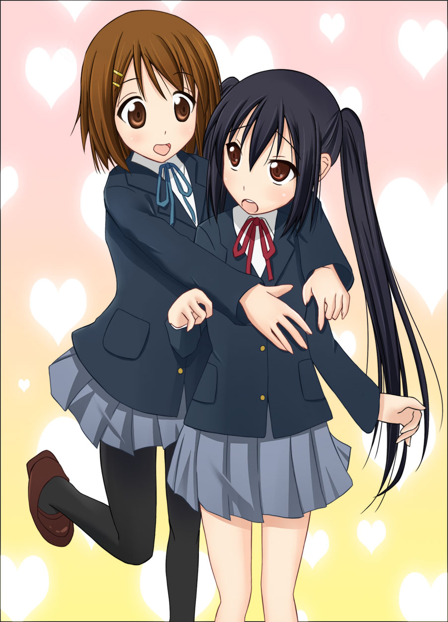 sk (buta), hirasawa yui, nakano azusa, k-on!, highres, 2girls, black hair, blush, bow, bowtie, brown eyes, brown hair, female focus, happy, heart, hug, hug from behind, long hair, multiple girls, neck ribbon, pantyhose, red ribbon, ribbon, school uniform, short hair, shy, skirt, smile, twintails, yuri