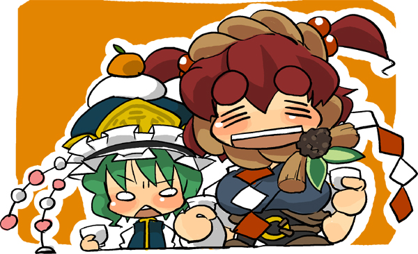 kawanabe, onozuka komachi, shiki eiki, touhou, bad id, bad pixiv id, 2girls, chibi, female focus, green hair, hair bobbles, hair ornament, hat, kagami mochi, multiple girls, red hair, short hair, upper body