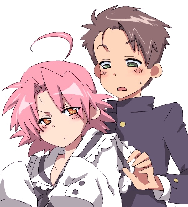 sayonara gerongeron, kogami akira, shiraishi minoru, lucky star, bad id, bad pixiv id, 00s, 1boy, 1girl, ahoge, brown eyes, brown hair, green eyes, long sleeves, looking at another, pink hair, school uniform, short hair, simple background, sleeves past fingers, sleeves past wrists, sweat, sweatdrop, white background