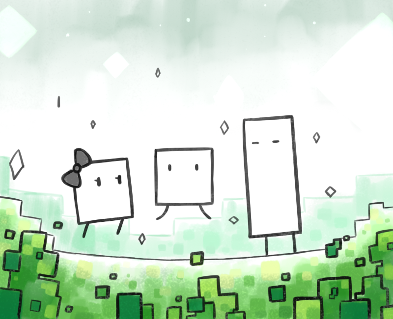 aquabluu, qbby, qucy, qudy, boxboy!, commentary request, 1girl, bow, closed eyes, cubism, green bow, green theme, jumping, looking at viewer, no humans, standing