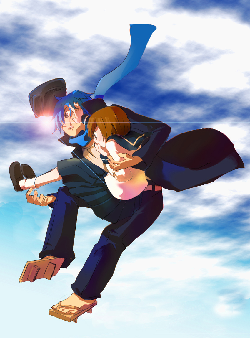 una (mazinger), kaito (vocaloid), meiko (vocaloid), vocaloid, 1boy, 1girl, blue scarf, couple, day, geta, hetero, lens flare, scarf, school uniform, short hair, skirt, sky