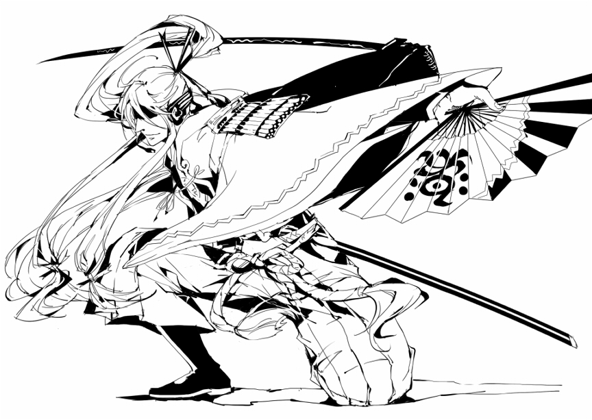 usarika, usayomogi, kamui gakupo, vocaloid, 1boy, armor, greyscale, hakama, hakama pants, hand fan, headphones, japanese armor, japanese clothes, katana, kneeling, male focus, monochrome, on one knee, pants, ponytail, samurai, shaded face, shoulder armor, sidelocks, sode, solo, sword, weapon