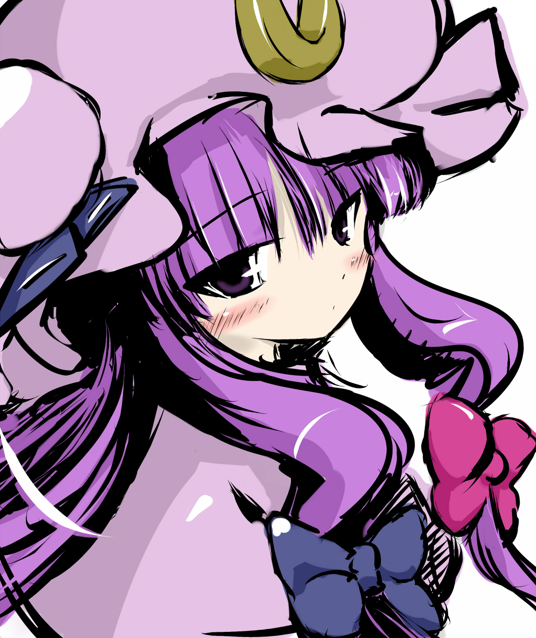 coo (coonekocoo), patchouli knowledge, touhou, highres, 1girl, blush, bow, close-up, female focus, hair bow, hair ribbon, hat, looking back, purple eyes, purple hair, ribbon, solo