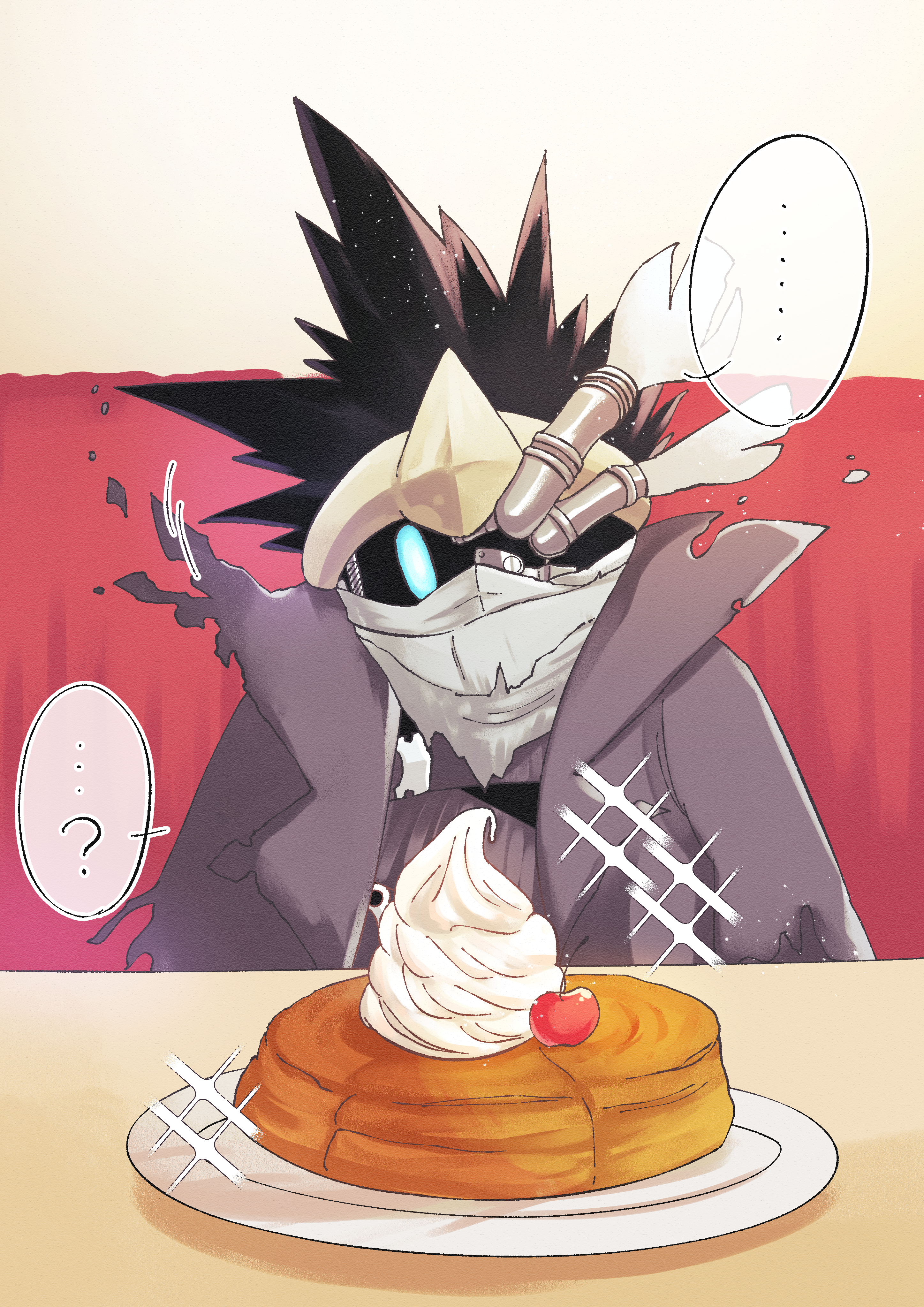 noir dedede, kirby (series), kirby air ride, kirby air riders, nintendo, absurdres, commentary request, highres, …, ?, black jacket, blue eyes, cherry, exhaust pipe, food, fruit, jacket, mirekurage (grkkdrm3), no humans, pancake, solo, sparkle, torn clothes, torn jacket, whipped cream