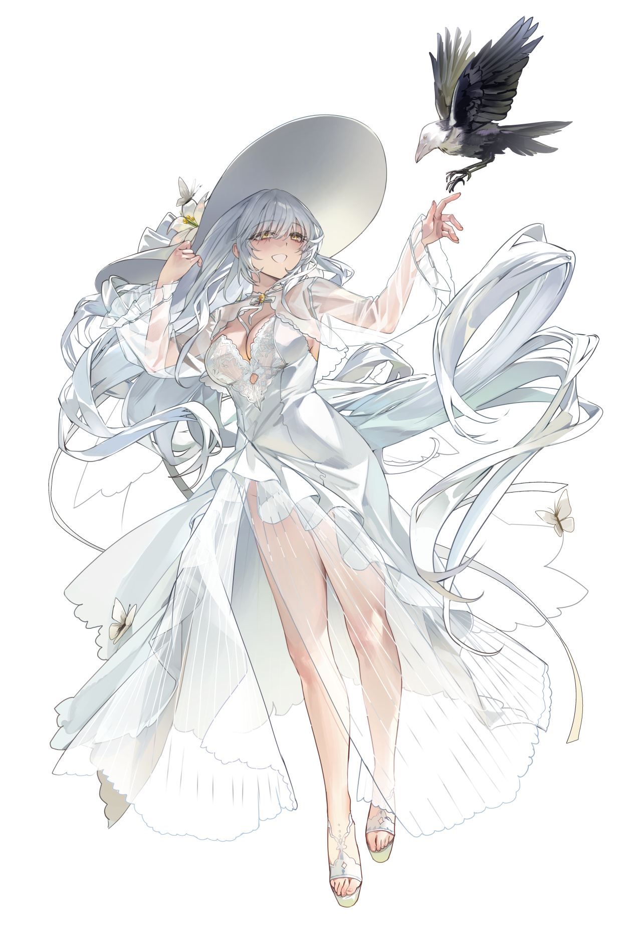 sabotensuteeki, original, commentary request, highres, 1girl, absurdly long hair, bird, breasts, bug, butterfly, cleavage, clothing cutout, cropped jacket, cutout above navel, dress, floppy hat, flower, full body, gem, hat, insect, jacket, large breasts, long hair, long sleeves, no panties, sandals, see-through clothes, see-through jacket, see-through skirt, skirt, smile, solo, standing, sun hat, transparent background, very long hair, white dress, white flower, white hair, white hat, white sleeves, witch, yellow eyes, yellow gem