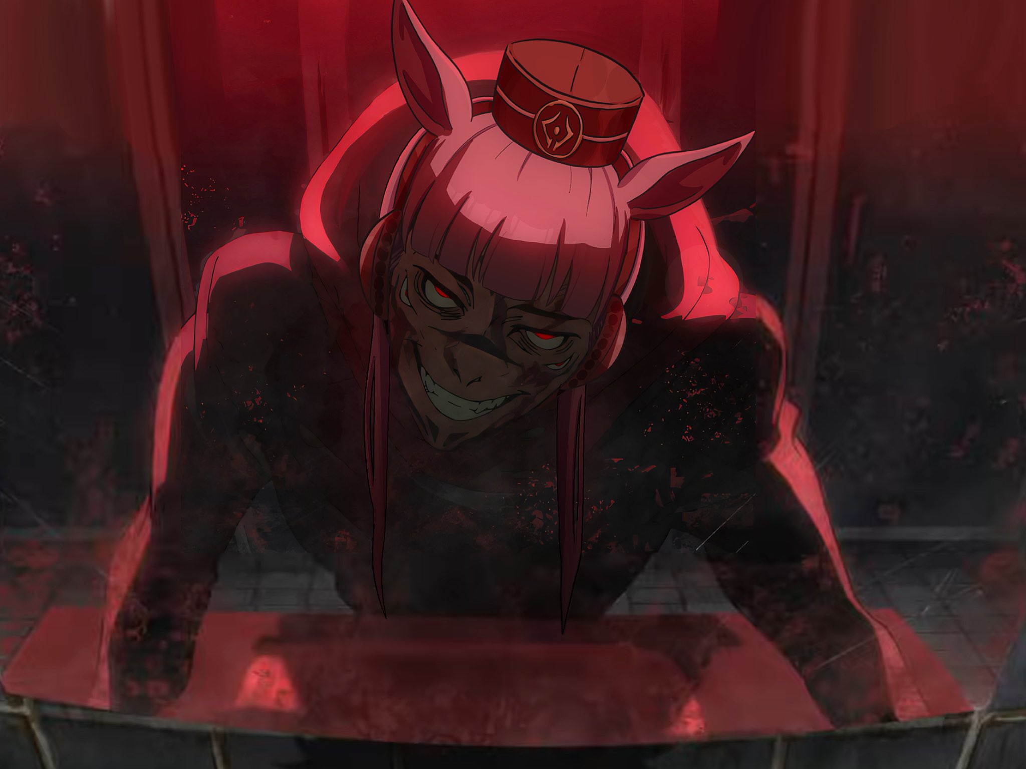 johnholl0w, gold ship (umamusume), ryoumen sukuna (jujutsu kaisen), jujutsu kaisen, umamusume, commentary, english commentary, highres, 1girl, animal ears, blunt bangs, brown hat, cosplay, evil grin, evil smile, extra eyes, facial tattoo, four eyes, grey hair, grin, hat, hood, hoodie, horse ears, horse girl, long hair, long sleeves, looking at mirror, looking at viewer, mirror, open mouth, pillbox hat, red eyes, reflection, ryoumen sukuna (jujutsu kaisen) (cosplay), smile, solo, tattoo, teeth