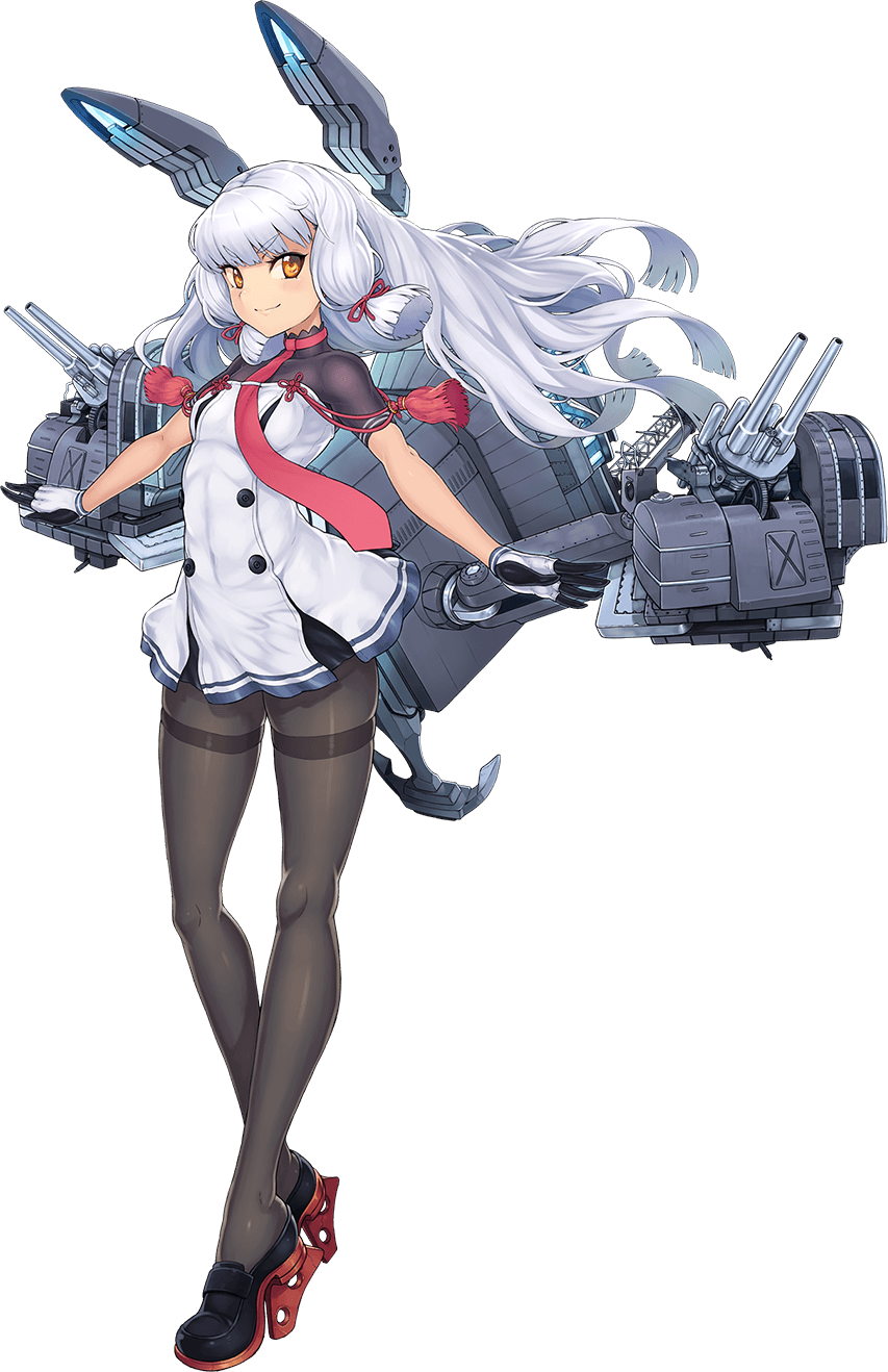 ayaki, murakumo (kancolle), murakumo kai ni (kancolle), kantai collection, highres, official art, third-party source, >:), 1girl, anchor, black pantyhose, bow, breasts, brown eyes, dress, full body, gloves, hair bow, hair ribbon, headgear, loafers, long hair, long legs, looking at viewer, outstretched arms, pantyhose, ribbon, rigging, ship turret, shoes, short dress, simple background, smile, solo, spread arms, thighband pantyhose, transparent background, v-shaped eyebrows, white hair, wind