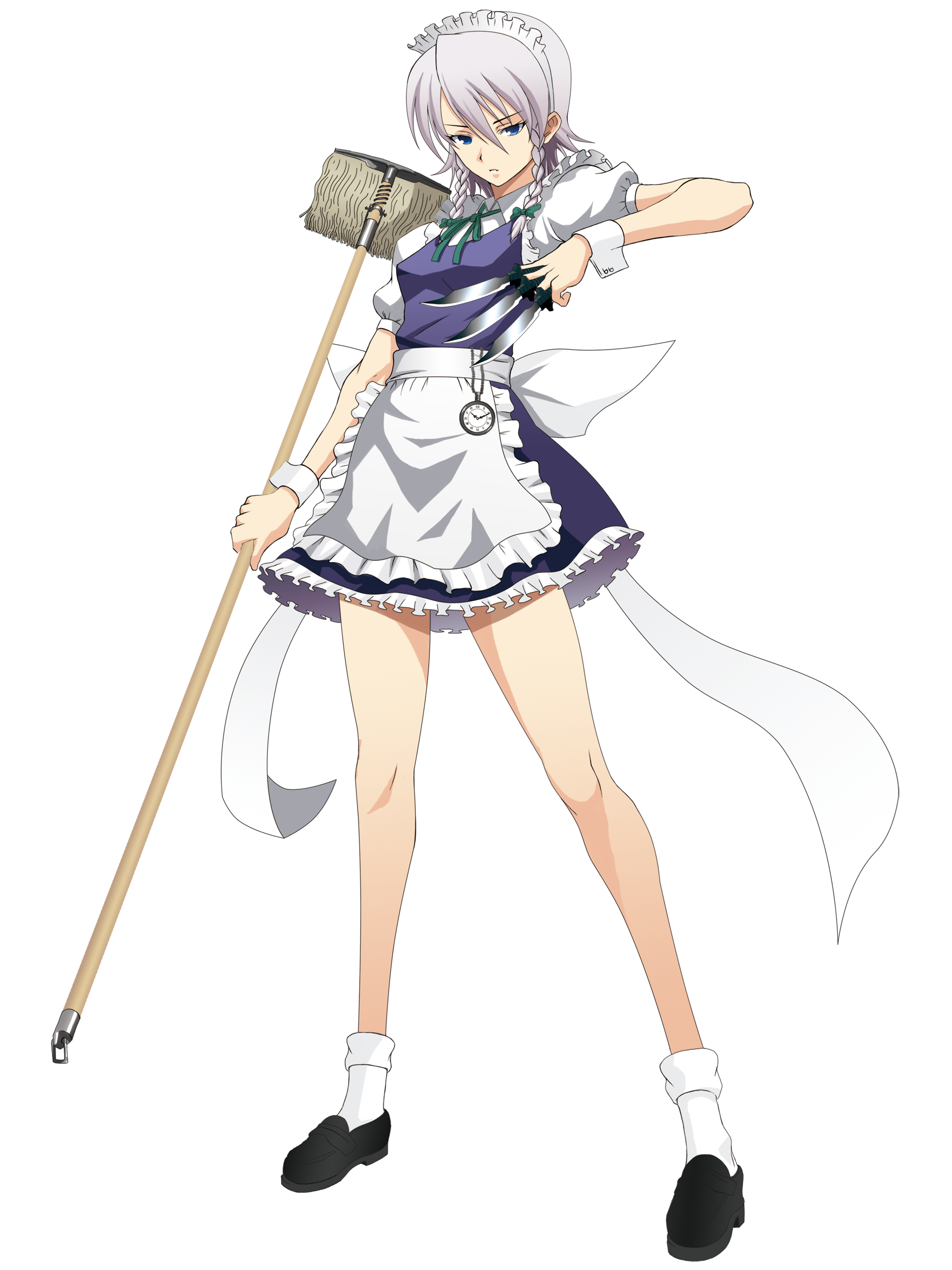 chai (drawingchisanne), izayoi sakuya, touhou, absurdres, bad id, bad pixiv id, highres, 1girl, blue eyes, braid, female focus, full body, knife, legs, maid, short hair, solo, throwing knife, transparent background, twin braids, weapon