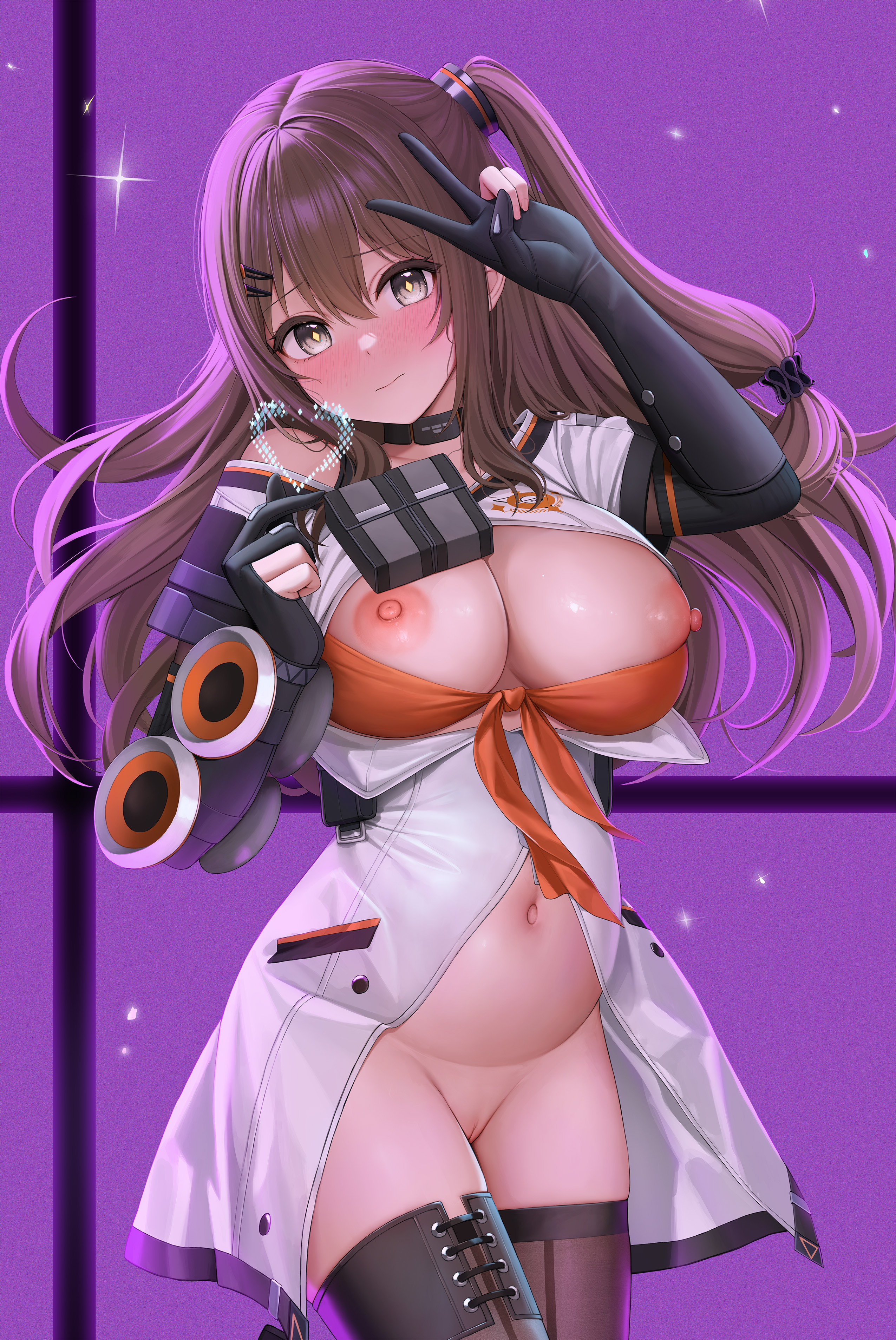 keine09, k2 (girls' frontline), yoohee (girls' frontline 2), girls' frontline, girls' frontline 2: exilium, absurdres, commentary, english commentary, highres, merchandise available, 1girl, backlighting, bare shoulders, belt, black belt, black choker, black gloves, blush, bra, bra pull, breasts, breasts out, brown hair, brown thighhighs, choker, cleavage, clothes pull, coat, collarbone, cowboy shot, criss-cross straps, dakimakura (medium), diamond-shaped pupils, diamond (shape), elbow gloves, finger heart, front-tie bra, furrowed brow, gloves, grey eyes, hair between eyes, hair ornament, hairclip, hand up, head tilt, heart, large breasts, light frown, light particles, long hair, looking at viewer, navel, nipples, one side up, orange bra, orange trim, partially fingerless gloves, pouch, pregnant, purple background, pussy, shirt, single bare shoulder, solo, sparkle, standing, symbol-shaped pupils, thighhighs, thighs, underwear, v, very long hair, white coat, white shirt, yellow pupils