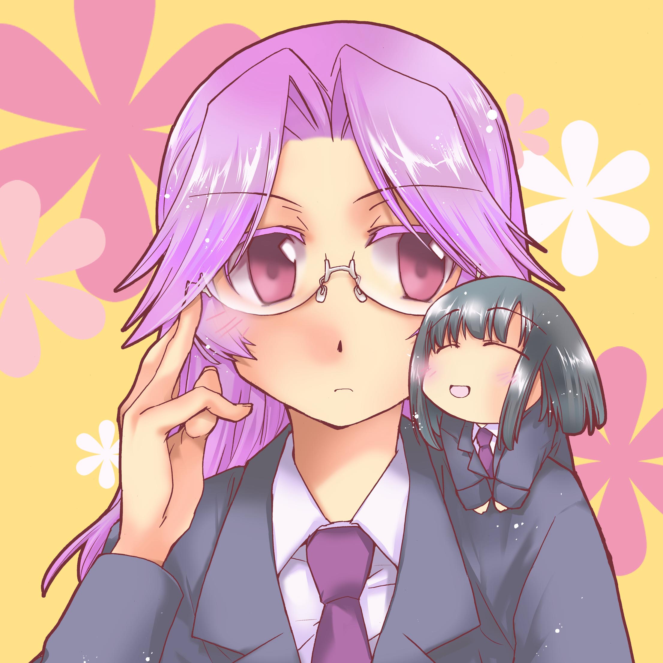 kapiko, kajiki yumi, touyoko momoko, saki (manga), highres, 2girls, black hair, blazer, blush, chibi, closed eyes, glasses, jacket, multiple girls, necktie, purple hair, red eyes, school uniform, short hair, smile