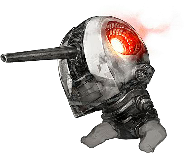 akira (kadokawa), artillery imp, kantai collection, official art, third-party source, 1other, abyssal ship, barefoot, glowing, glowing eyes, legs, no humans, red eyes, rigging, ship turret, simple background, smoke, solo, transparent background