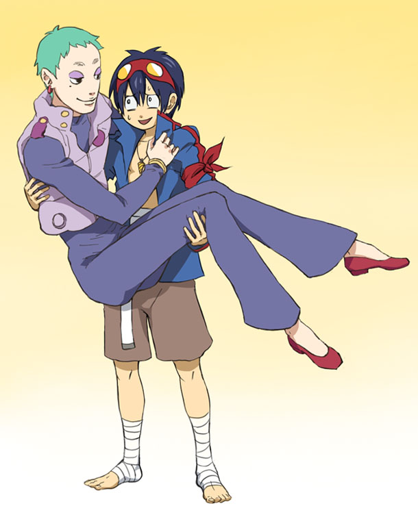 leeron littner, simon (ttgl), tengen toppa gurren lagann, 00s, 2boys, bandages, barefoot, blue hair, carrying, goggles, green hair, holding, multiple boys, princess carry, simple background, vest