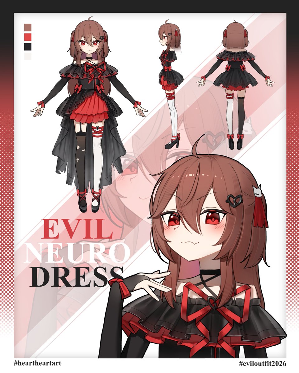 lavidi, evil neuro-sama, neuro-sama, vedal ai, clothing request, commentary, english commentary, highres, 1girl, ahoge, bare shoulders, black dress, black shoes, broken heart, broken heart hair ornament, brown hair, closed mouth, color guide, dress, fang, garter straps, hair between eyes, hair ribbon, heart, long hair, long sleeves, multiple views, red eyes, red ribbon, ribbon, shoes, short dress, single thighhigh, skin fang, solo, standing, thighhighs, two-tone dress, two side up