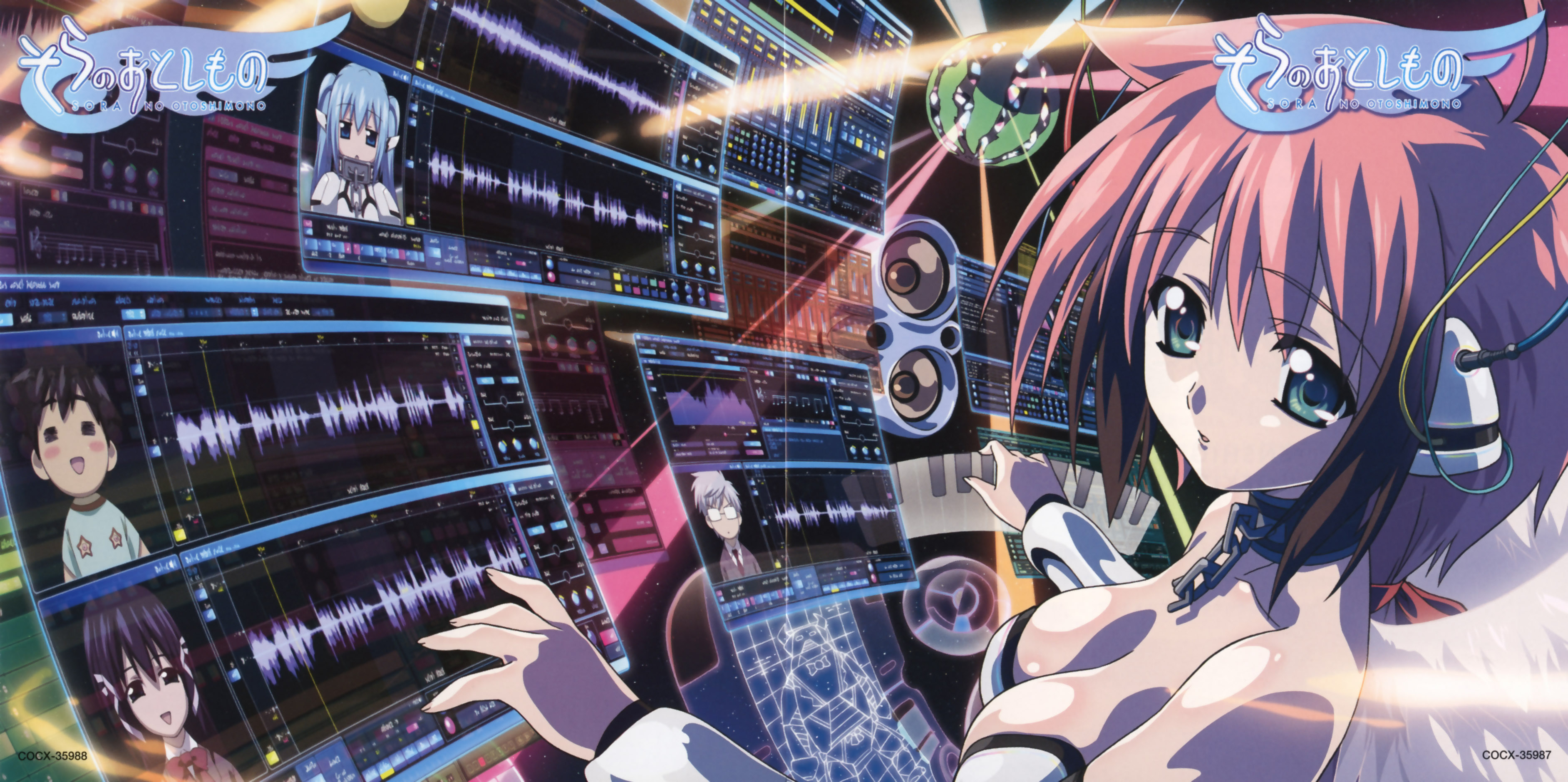 ikaros, nymph (sora no otoshimono), sakurai tomoki, satsukitane mikako, sugata eishirou, sora no otoshimono, absurdres, highres, scan, album cover, cover, crease, solo, wings