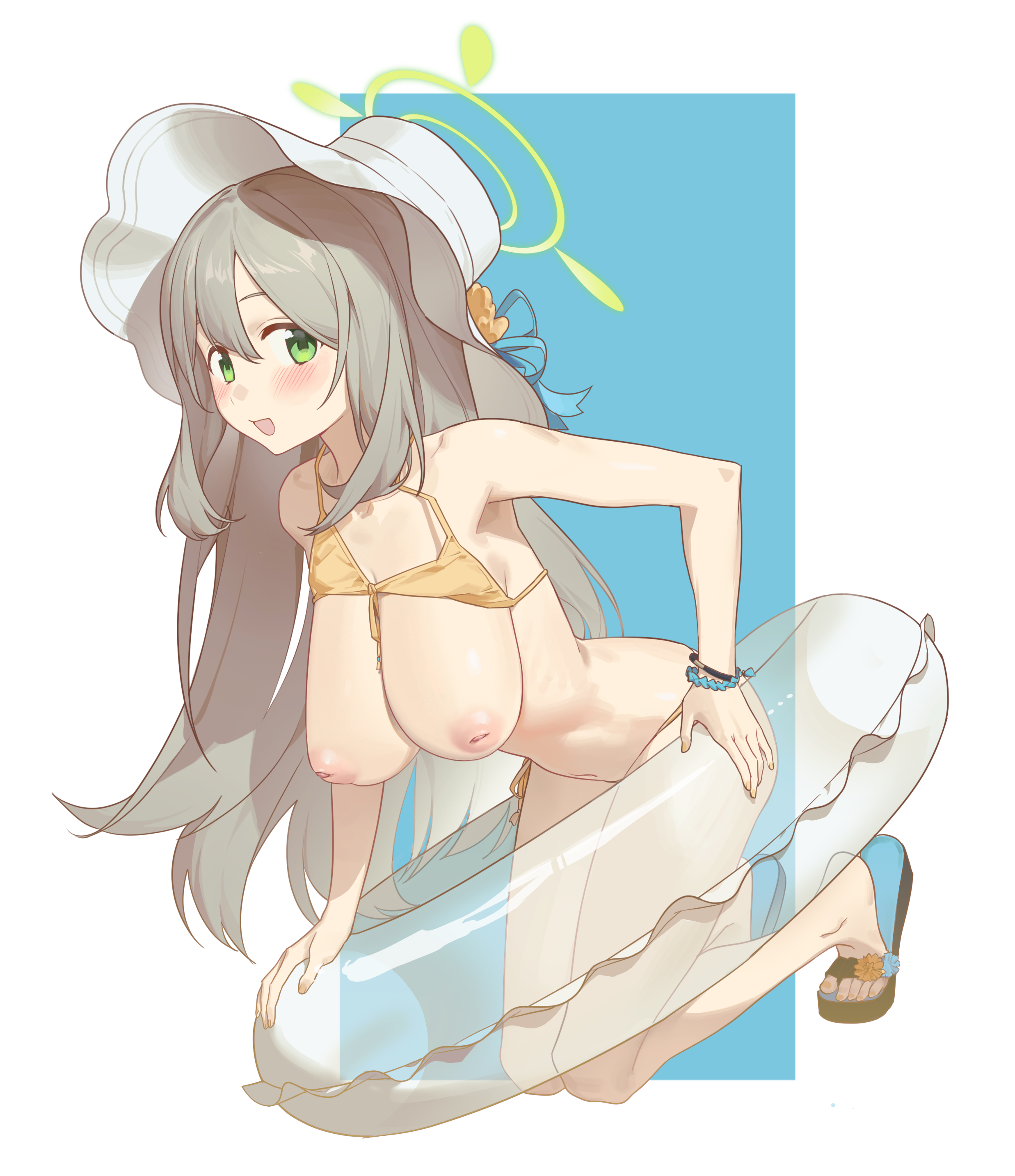 airseal, nonomi (blue archive), nonomi (swimsuit) (blue archive), blue archive, absurdres, commentary request, highres, 1girl, bikini, blonde hair, blush, breasts, green eyes, green halo, halo, hat, huge breasts, innertube, long hair, looking at viewer, nipples, official alternate costume, open mouth, solo, sun hat, swim ring, swimsuit, white hat, yellow bikini