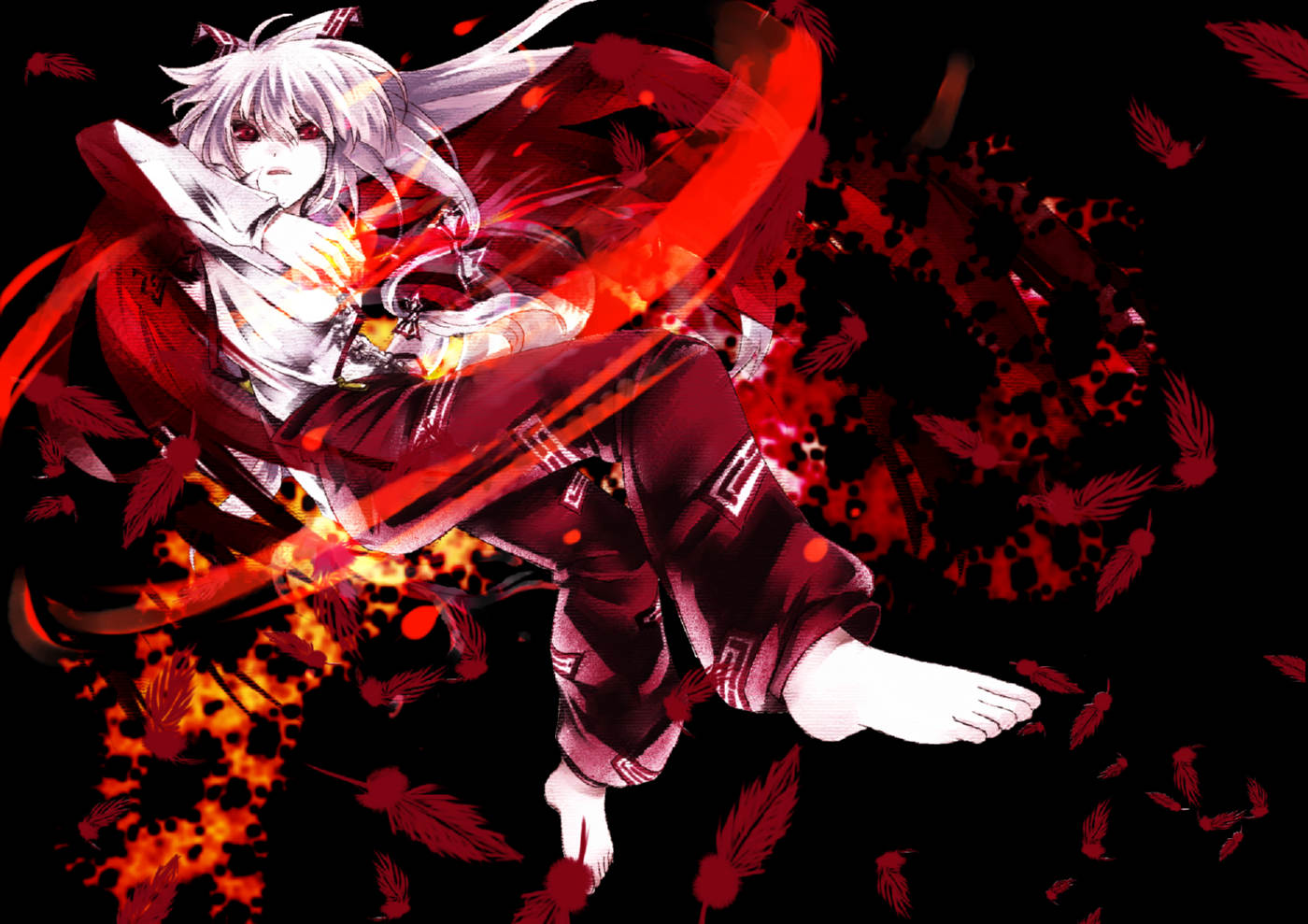 aki sato, akisato, fujiwara no mokou, touhou, silver hair, 1girl, barefoot, bow, dark, feathers, feet, female focus, fire, frills, from below, hair bow, hair ribbon, long hair, open mouth, pale skin, pants, profile, red eyes, red theme, ribbon, shirt, solo, suspenders, white shirt