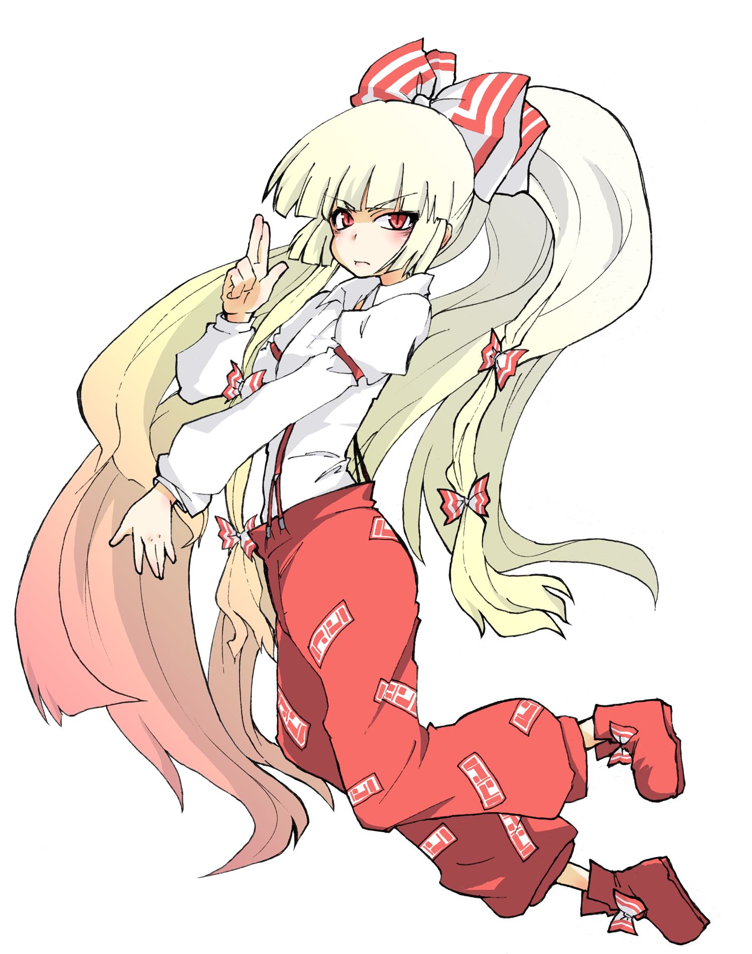 kikuichi monji, kikuichimonji, fujiwara no mokou, touhou, bad id, bad pixiv id, highres, 1girl, female focus, full body, gradient hair, hair ribbon, jumping, long hair, multicolored hair, ribbon, slit pupils, solo, transparent background, very long hair