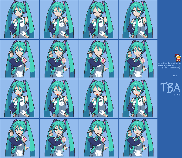 hatsune miku, domino's pizza, vocaloid, artist request, commentary, english commentary, 1girl, artist name, bad anatomy, bare shoulders, blinking, green eyes, green hair, hands on own hips, long hair, looking at viewer, nail polish, open mouth, pixel art, shirt, sleeveless, sleeveless shirt, smile, sprite, sprite art, sprite sheet