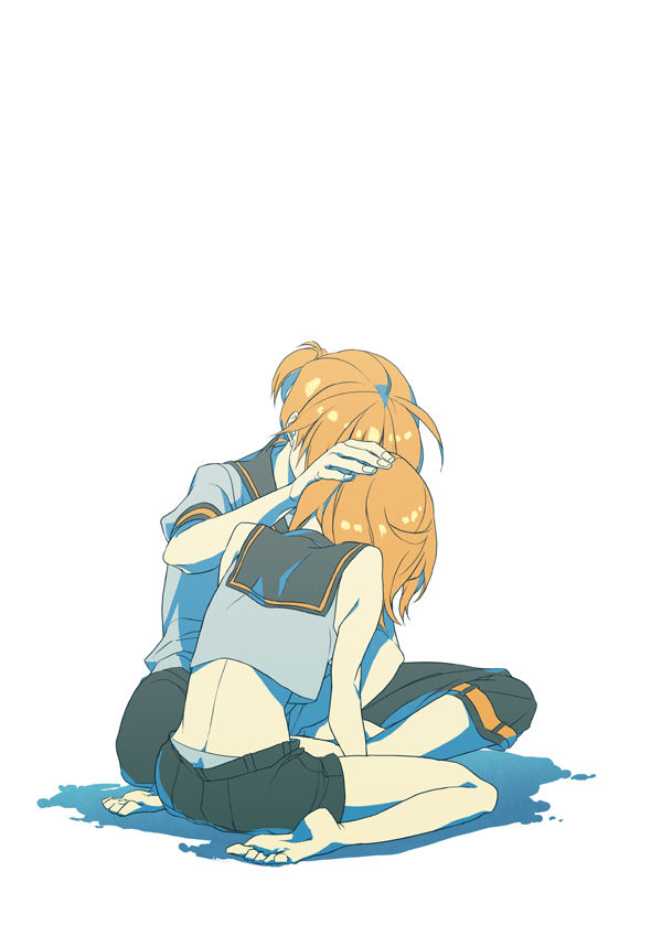 naya (448), kagamine len, kagamine rin, vocaloid, bad id, bad pixiv id, 1boy, 1girl, barefoot, blonde hair, brother and sister, feet, hand on another's head, headpat, pat, ponytail, sad, short hair, shorts, siblings, simple background, twins