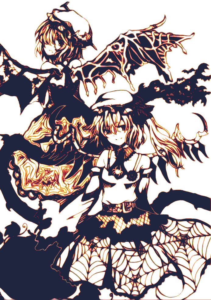 bisuke, flandre scarlet, remilia scarlet, touhou, bad id, bad pixiv id, 2girls, alternate costume, bat wings, female focus, high contrast, monochrome, multiple girls, orange theme, scar, siblings, silk, simple background, sisters, spider web, white background, wings