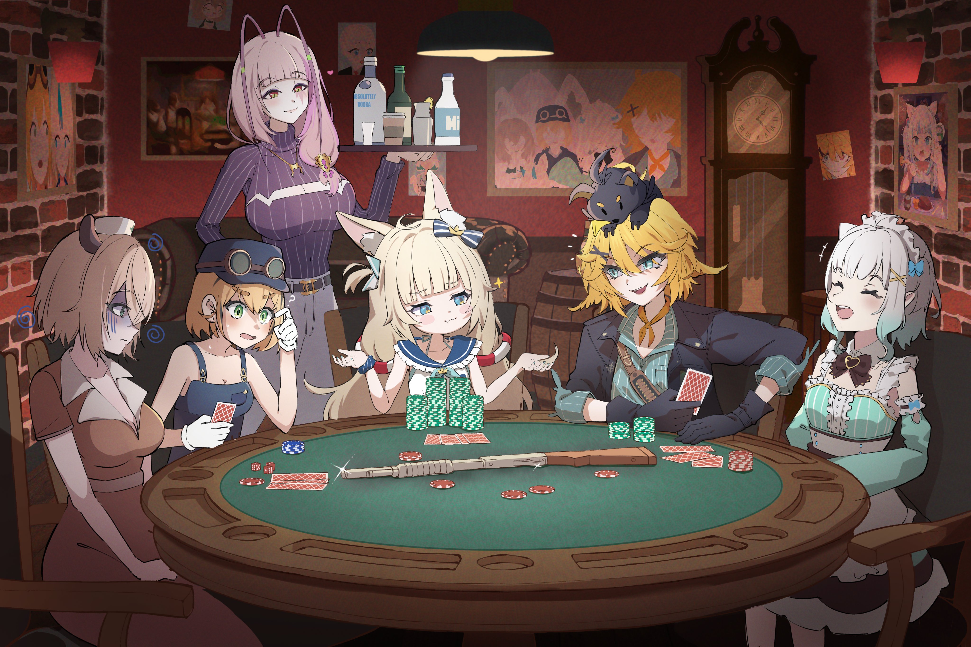 rarumi9, dokibird, dokibird (bounty hunter), dooby, dooby (1st costume), dragoon (dokibird), matara kan, matara kan (casual), mint fantome, mint fantome (minto 2.0), nimi nightmare, sameko saba, sameko saba (1st costume), densetsu.exe, indie virtual youtuber, absurdres, check weapon, highres, weapon request, 6+girls, ahoge, alcohol, animal ear fluff, animal ears, antennae, arthropod girl, arthropod limbs, black gloves, black jacket, blonde hair, blue eyes, blue streaks, bow, card, cat ears, clock, cockroach girl, dress, feather hair, gambling, gloves, gradient hair, grandfather clock, green eyes, green hair, gun, hair bow, hair ornament, hat, holding, holding tray, ithaca m37, jacket, lifebuoy hair ornament, long hair, low twintails, maid headdress, medium hair, monster girl, multicolored hair, multiple girls, neckerchief, nurse cap, open mouth, picture frame, pink hair, playing card, poker chip, poker table, pump action, roulette, shirt, short hair, shotgun, smile, streaked hair, table, tapir ears, tapir girl, tray, twintails, very long hair, virtual youtuber, weapon, white dress, white hair, x hair ornament