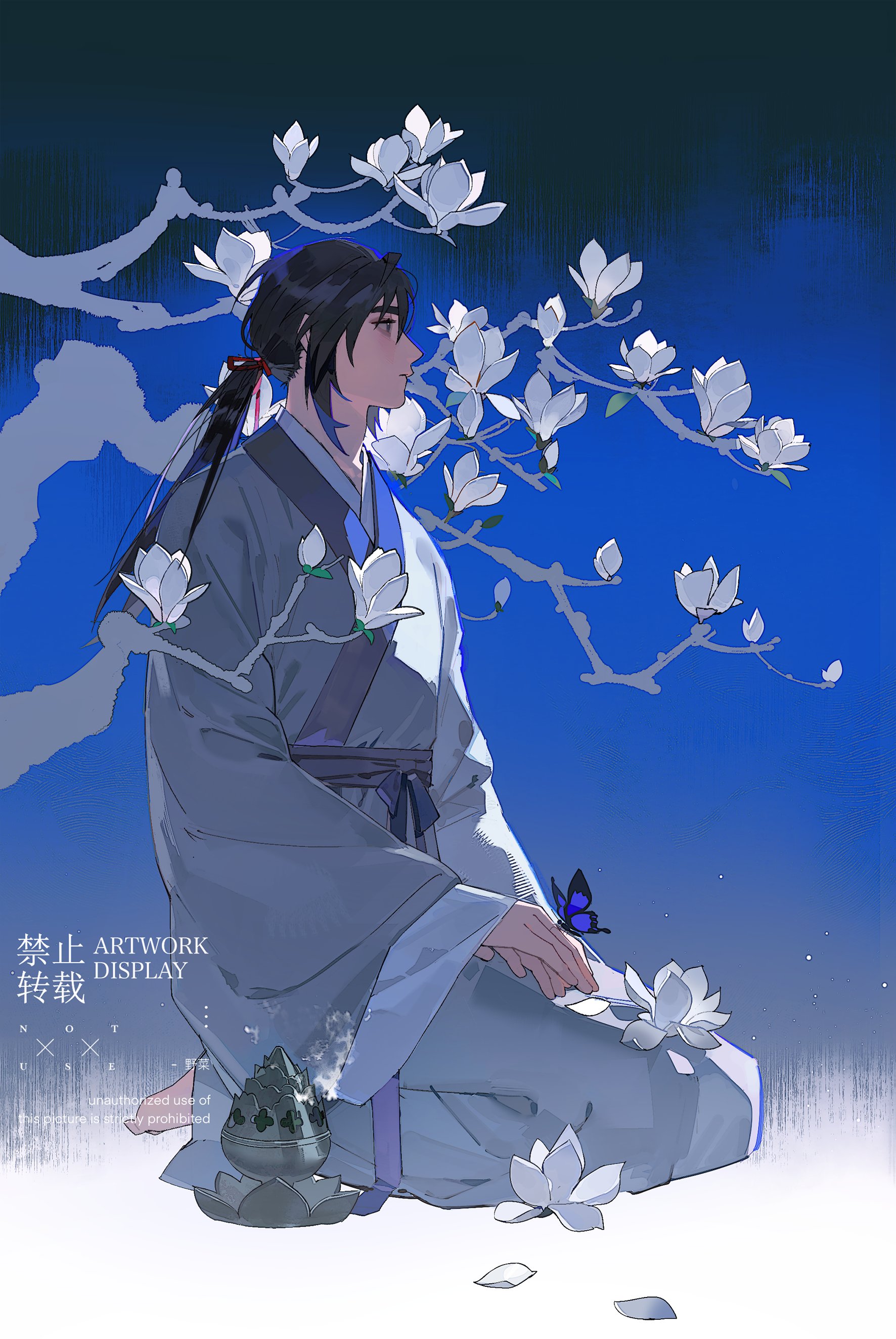 p3ach0520, shin sangoku musou, shin sangoku musou origins, absurdres, commentary request, highres, 1boy, barefoot, black hair, bug, butterfly, butterfly on hand, falling petals, flower, full body, grey robe, hair between eyes, hair ribbon, holding, holding flower, incense burner, insect, kneeling, long hair, low ponytail, male focus, petals, ponytail, purple butterfly, red ribbon, ribbon, robe, solo, white flower, white petals, xun yu (shin sangoku musou)