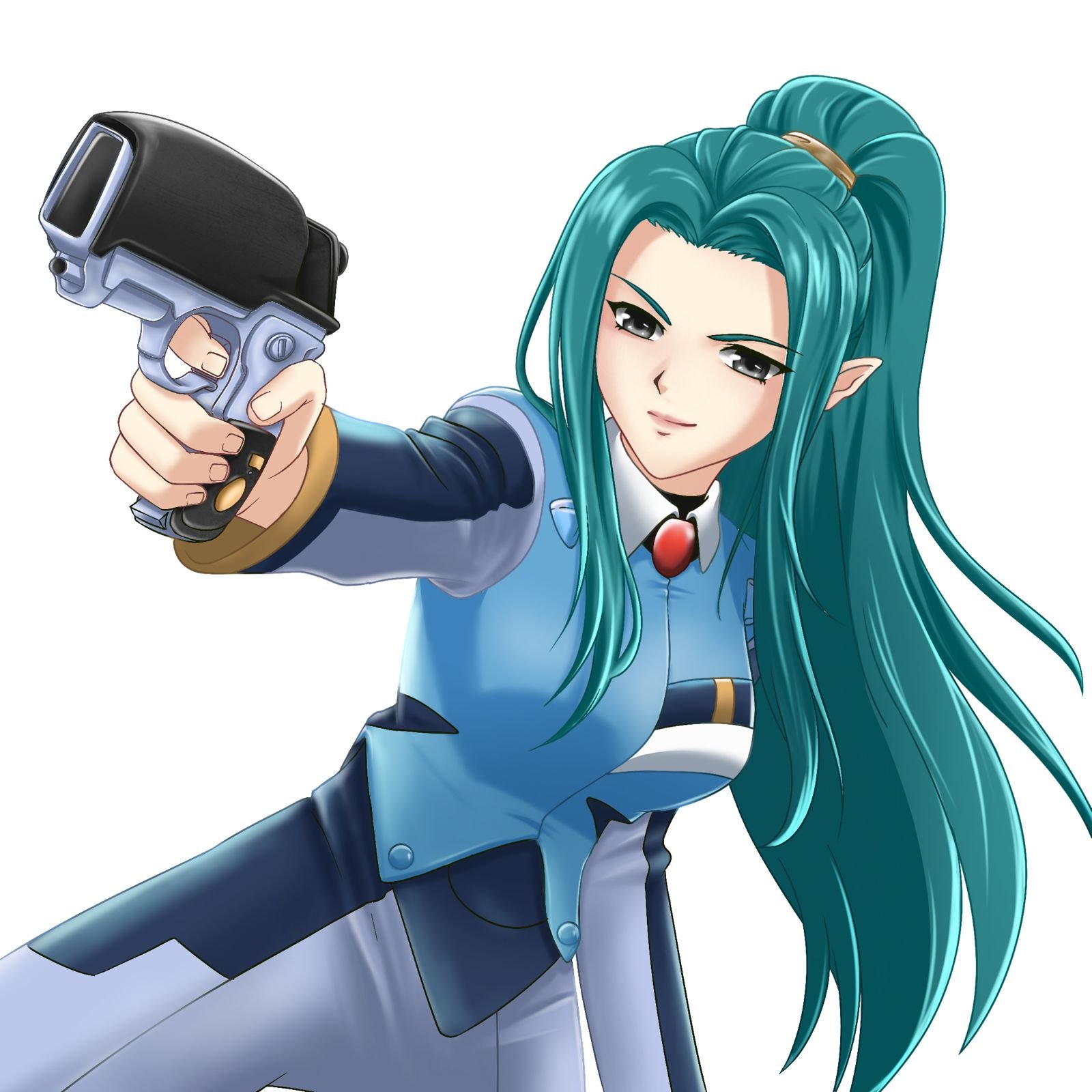 kamiki noike jurai, tenchi muyou!, commentary, commission, commissioner upload, english commentary, highres, 1girl, artsy world, black eyes, blue hair, dutch angle, gun, holding, holding weapon, long hair, pointy ears, police, police uniform, policewoman, scrunchie, smile, weapon, white background