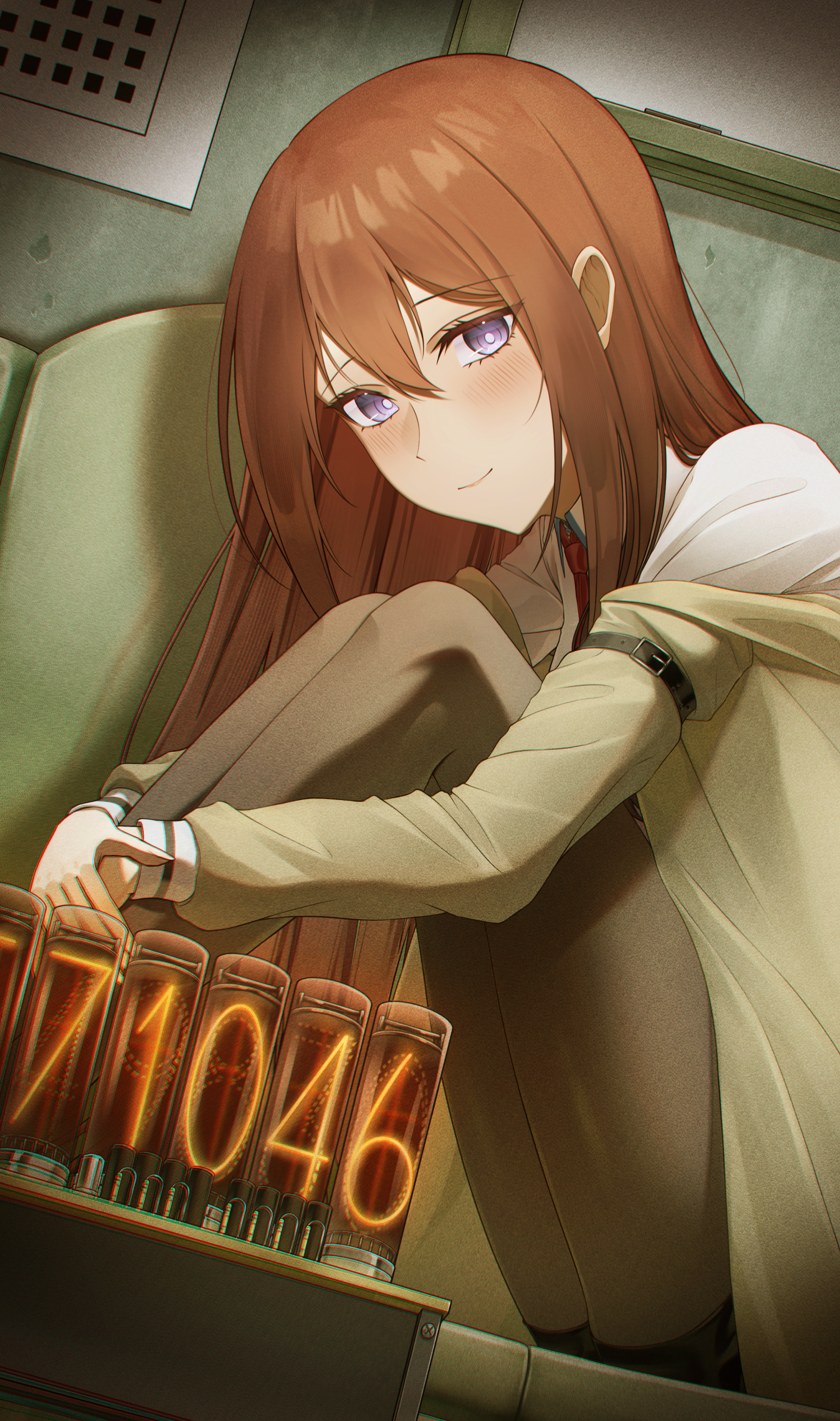 mashuretsu, makise kurisu, original, science adventure, steins;gate, absurdres, commentary, highres, 1girl, arm belt, black shorts, blush, collared shirt, future gadget lab, hair between eyes, jacket, long hair, looking at viewer, necktie, pantyhose, pantyhose under shorts, purple eyes, red hair, red necktie, shirt, shorts, solo, white shirt