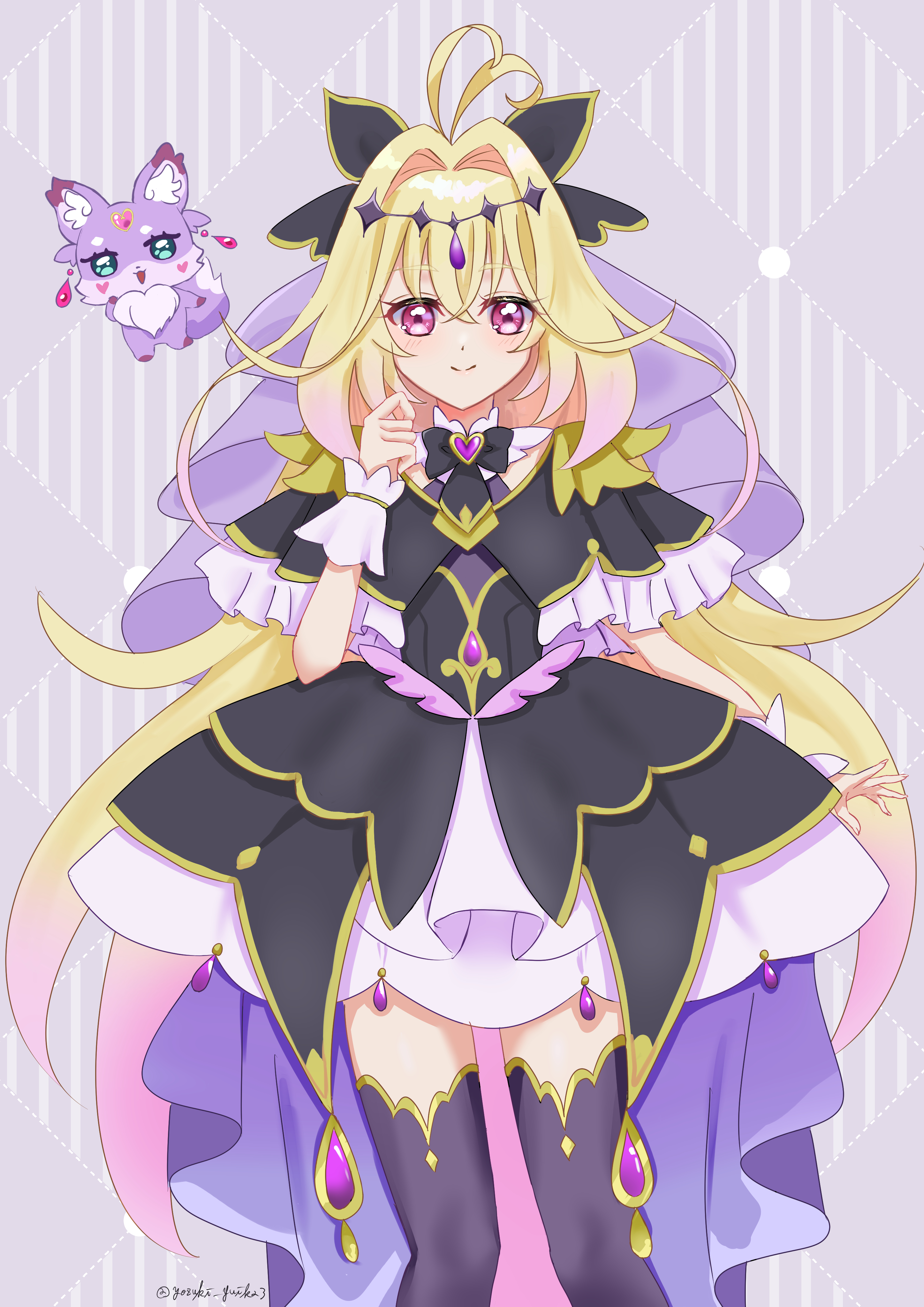 yk yozuki, precure, absurdres, commentary request, highres, 1girl, antenna hair, argyle background, black bow, black capelet, black dress, black thighhighs, blonde hair, blush, bow, brooch, capelet, closed mouth, creature, crossed bangs, cure arcana shadow, diamond hairband, dot nose, dress, gradient hair, hair between eyes, hair bow, hair intakes, heart, heart brooch, jewelry, layered dress, legs apart, long hair, looking at viewer, magical girl, mashu-tan, meitantei precure!, moria ruruka, multicolored hair, purple background, purple eyes, purple hair, purple veil, smile, thighhighs, twitter username, veil, white wrist cuffs, wrist cuffs