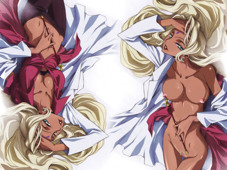 rakshata chawla, code geass, third-party edit, 1girl, bed, before and after, blonde hair, breasts, dark skin, female focus, looking at viewer, multiple views, nipples