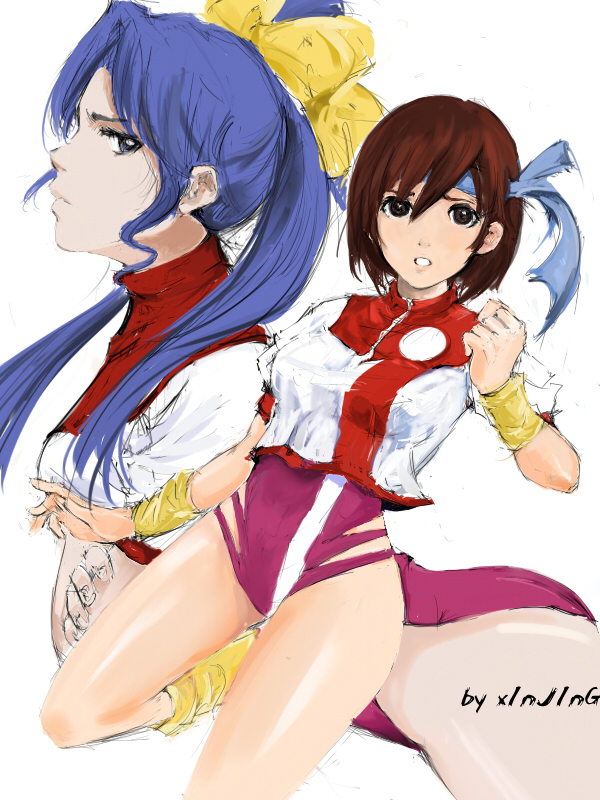 xinjing, amano kazumi, takaya noriko, top wo nerae!, top wo nerae! (series), bad id, bad pixiv id, 2girls, blue hair, bow, brown hair, headband, leotard, long hair, multiple girls, ponytail, short hair, yellow bow