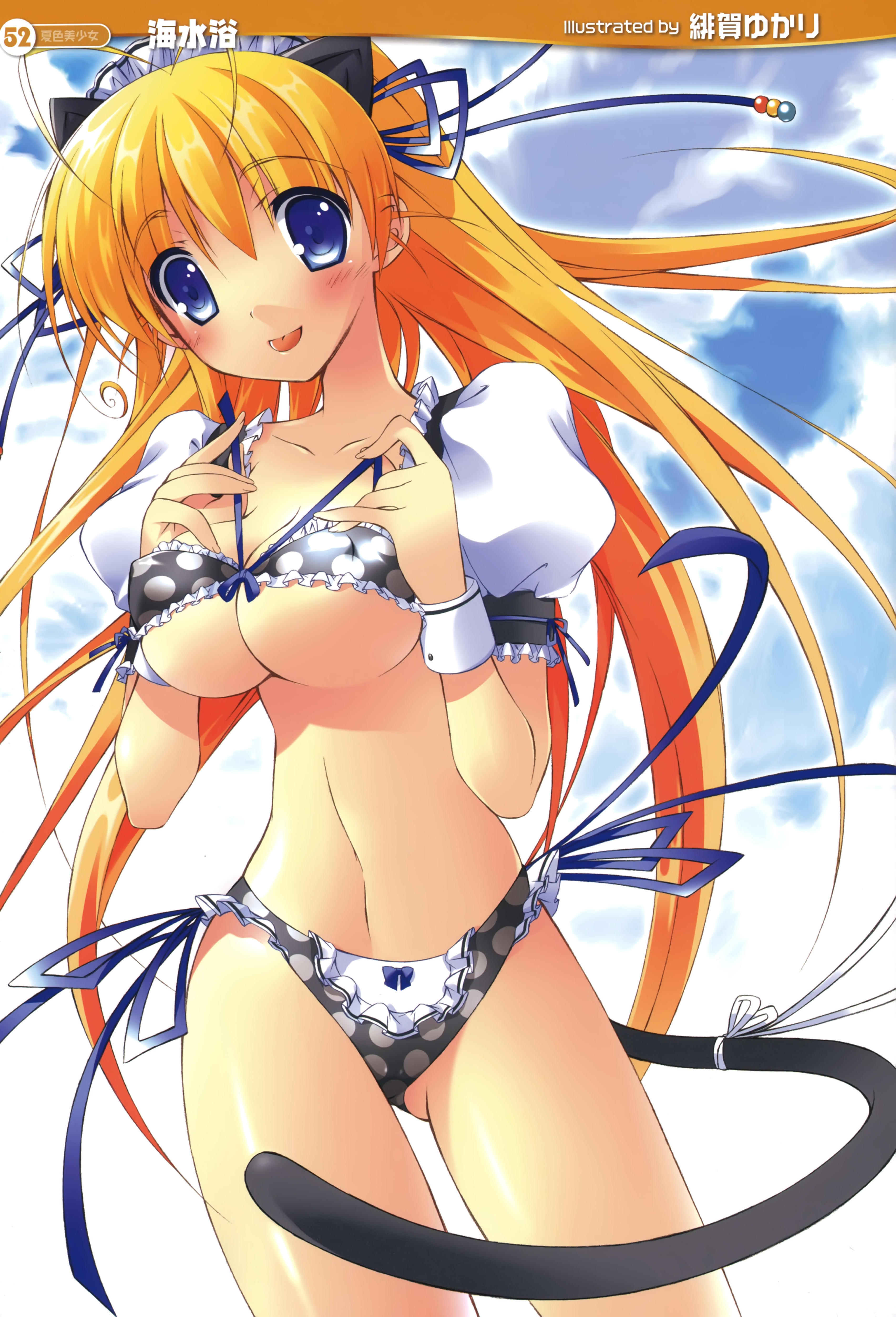 higa yukari, absurdres, highres, 1girl, :p, animal ears, blonde hair, blue eyes, blush, bra, breasts, cleavage, cloud, covered erect nipples, female focus, front-tie top, large breasts, lingerie, long hair, panties, polka dot, polka dot panties, shiny skin, side-tie panties, sky, solo, tail, tongue, tongue out, underboob, underwear, wrist cuffs
