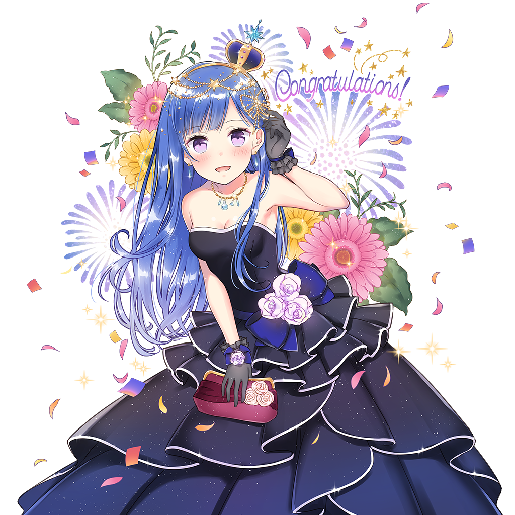 wogura, uchi no hime-sama ga ichiban kawaii, commentary request, 1girl, armpits, bare shoulders, black gloves, blue crown, blue dress, blue hair, breasts, cleavage, congratulations, crown, dress, fireworks, flower, gloves, long hair, mini crown, purple eyes, riona (uchihime), rose