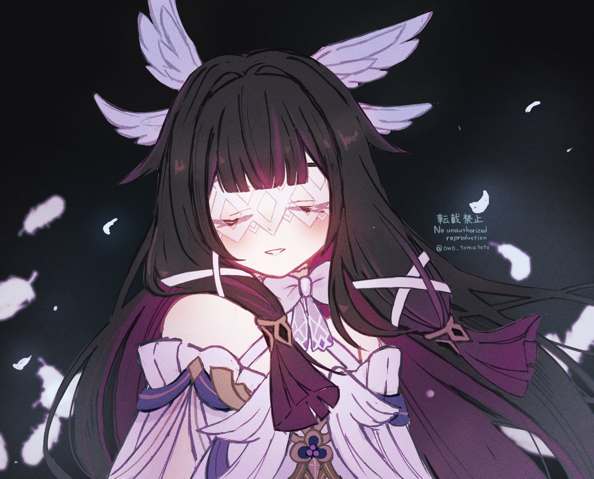 touma (owo tooooma), columbina (genshin impact), genshin impact, highres, 1girl, bare shoulders, black background, black hair, bow, closed eyes, dress, eye mask, feathers, hair ornament, hair ribbon, long hair, mask, multicolored hair, pink hair, ribbon, see-through clothes, see-through mask, solo, two-tone hair, watermark, white bow, white dress, white ribbon, wing hair ornament