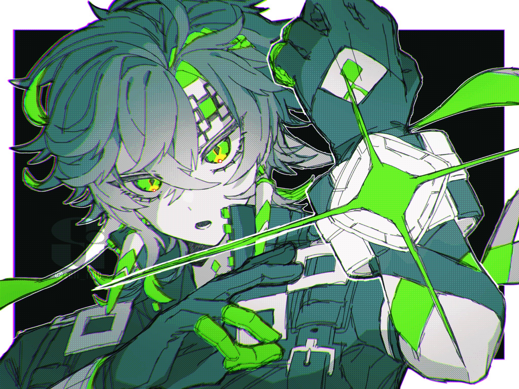kinich (genshin impact), genshin impact, commentary request, highres, 1boy, border, diamond-shaped pupils, diamond (shape), double-parted bangs, earrings, gloves, green eyes, green gloves, green hair, hair between eyes, headband, jewelry, looking at viewer, lower teeth only, male focus, multicolored eyes, multicolored hair, open mouth, short hair, streaked hair, suii ii00, symbol-shaped pupils, teeth, two-tone eyes, white border, yellow eyes