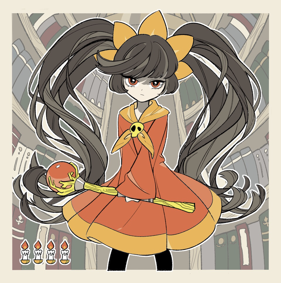 madrat sukisuki, ashley (warioware), nintendo, warioware, commentary request, 1girl, black hair, book, bookshelf, border, brown border, candle, dress, expressionless, holding, holding staff, long hair, long sleeves, looking at viewer, mage staff, neckerchief, orange neckerchief, red dress, red eyes, skull ornament, solo, staff, twintails