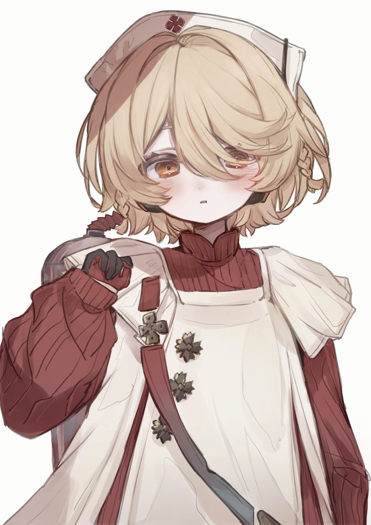 arazan (ara arazan24), nurse robot type t, voicevox, voisona, hashtag-only commentary, 1girl, blonde hair, blush, braid, canister, dress, gloves, half gloves, hand up, hat, headset, long bangs, long sleeves, nurse cap, official alternate costume, orange eyes, parted lips, puffy long sleeves, puffy sleeves, red dress, short braid, short hair, side braids, simple background, sleeves past wrists, solo, standing, turtleneck, turtleneck dress, upper body, white background, white dress, white hat