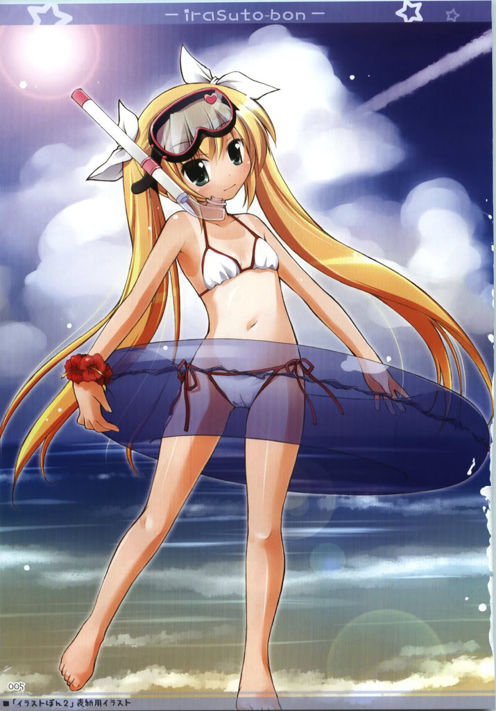 manami tatsuya, original, scan, scan artifacts, 1girl, barefoot, beach, bikini, blonde hair, bracelet, cameltoe, cloud, contrail, day, diving mask, diving mask on head, female focus, flat chest, flower, flower bracelet, goggles, goggles on head, green eyes, hair ribbon, hibiscus, innertube, jewelry, legs, lens flare, light smile, long hair, navel, ocean, one-piece tan, outdoors, page number, ribbon, side-tie bikini bottom, sky, smile, snorkel, solo, standing, string bikini, sun, swim ring, swimsuit, tan, tanline, transparent, twintails, very long hair, white bikini