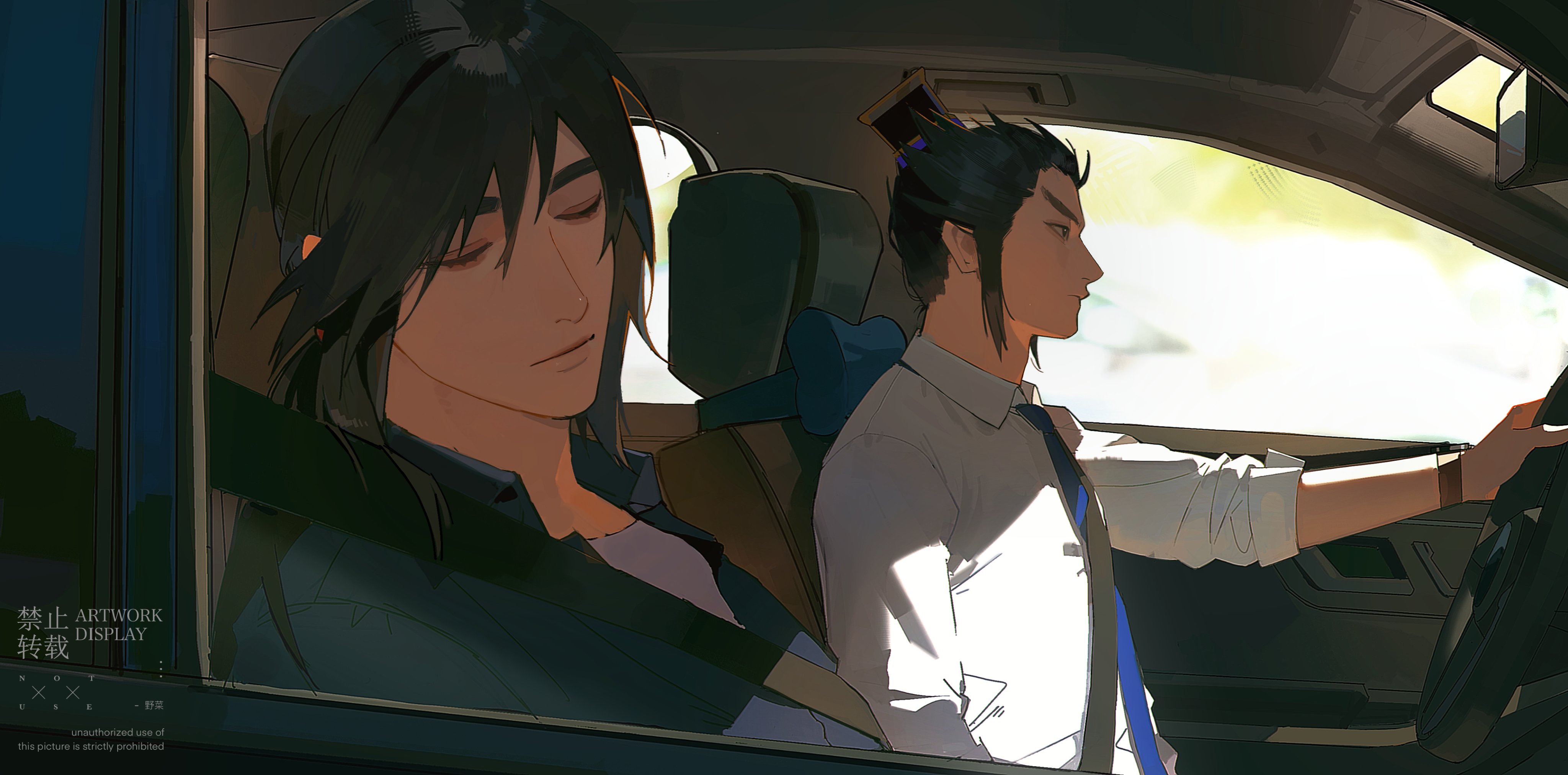 p3ach0520, shin sangoku musou, shin sangoku musou origins, absurdres, commentary request, highres, 2boys, black hair, black shirt, blue necktie, cao cao (shin sangoku musou), car interior, closed eyes, closed mouth, collarbone, contemporary, driving, hair between eyes, hair over shoulder, long hair, male focus, multiple boys, necktie, ponytail, seatbelt, shirt, sidelocks, sleeping, sleeves rolled up, undershirt, upper body, white shirt, xun yu (shin sangoku musou)