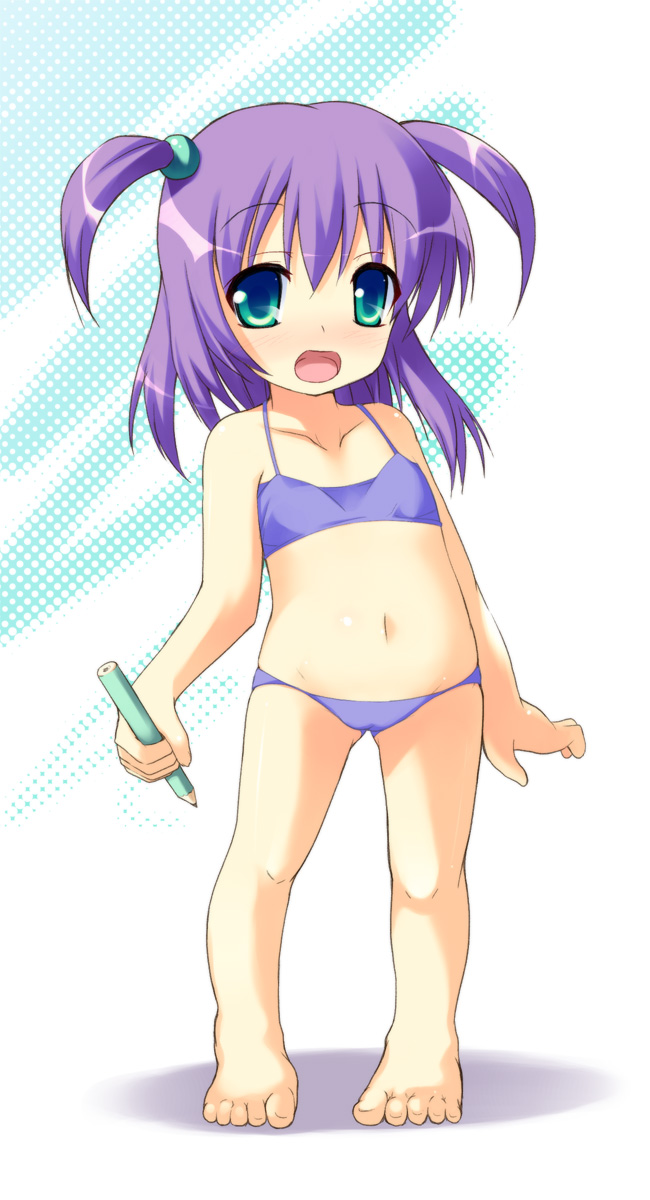 safi, eko (arcana heart), aq interactive, arcana heart, arcana heart 3, atlus, examu, highres, barefoot, bikini, blue eyes, loli, pencil, purple hair, swimsuit, twintails